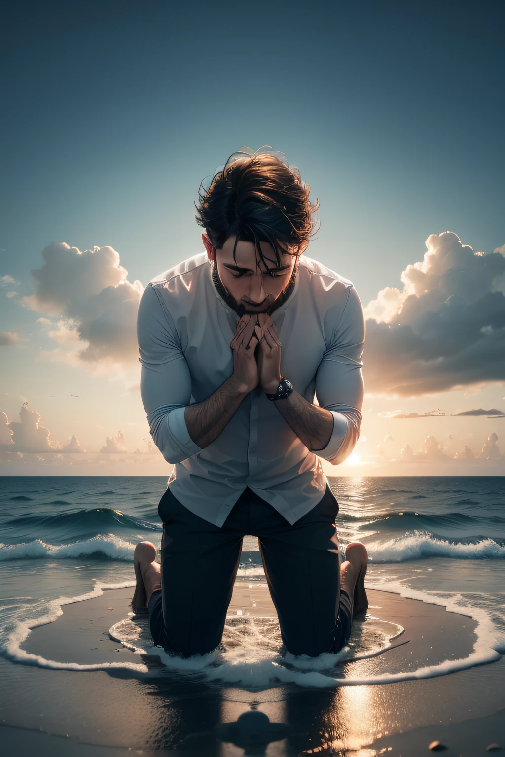man on his knees with open hands praying, in the middle of an open sea