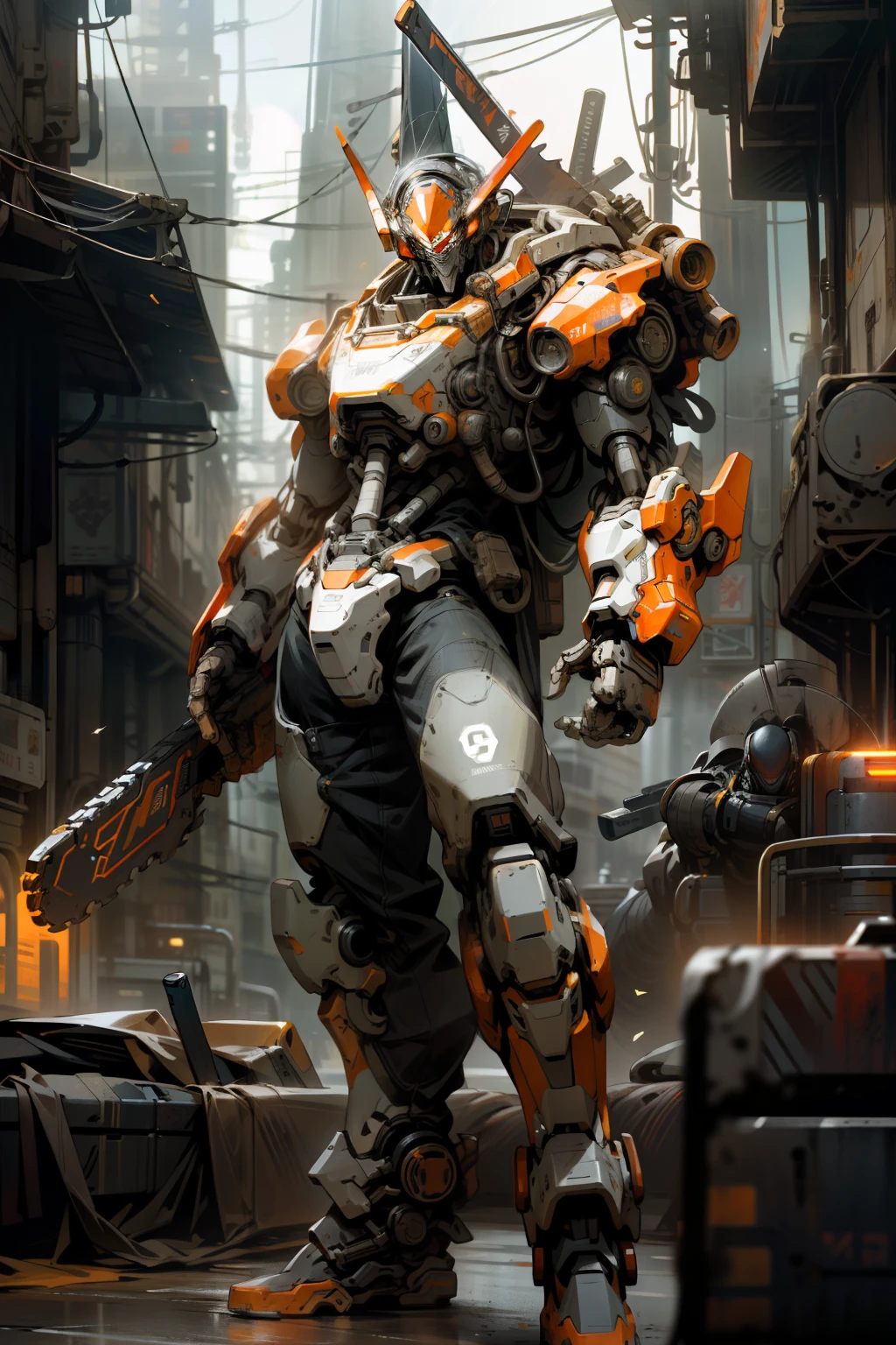 On the moon, barren planet, ruins, holding weapons, no humans, glowing, robot, building, glowing eyes, orange mech, science fiction, city, reality, mecha, galaxy background, full body, neon, cyber Punk, 8K wallpapers, ultra-detailed artwork, cinematic lighting, realistic photos, Dark_Fantasy, Cyberpunk, (chain saw, chain saw man, Red: 1.1), 1man, Mechanical marvel, Robotic presence, Cybernetic guardian, wearing a worn-out machine armor suit, intricate, (steel metal [rust]), elegant, sharp focus, photographed by greg rutkowski, soft lighting, vibrant colors, masterpiece, ((street)), cowboy shot, dynamic pose,