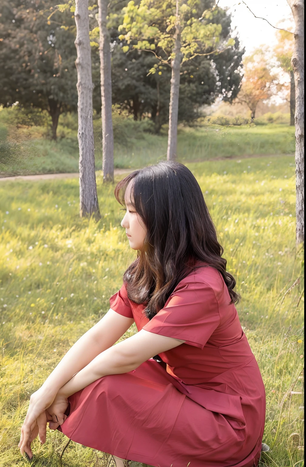 There was a woman kneeling on the grass with a frisbee, sitting under a tree, next to a tree, xintong chen, Li Zixin, In Park, sitting in a field, cover photo portrait of du juan, sitting in the forrest, on a bright day, Wearing a red cheongsam, Loli, profile pose, on the garden