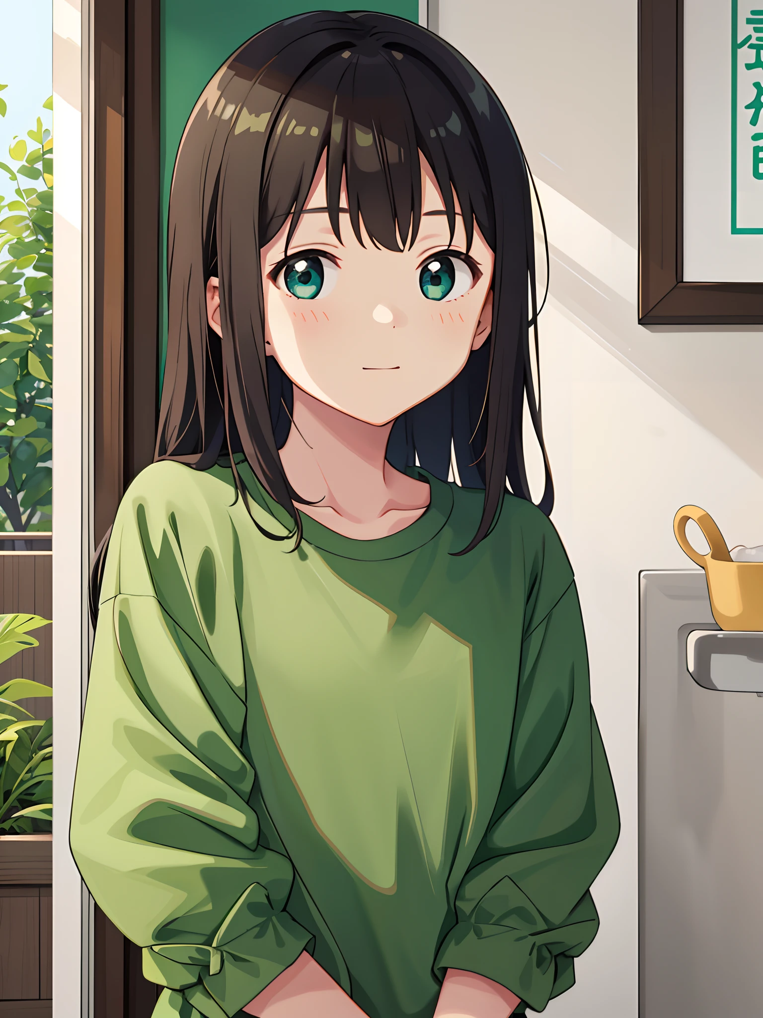 A young girl in a green shirt with a young and cute wan Asian face,