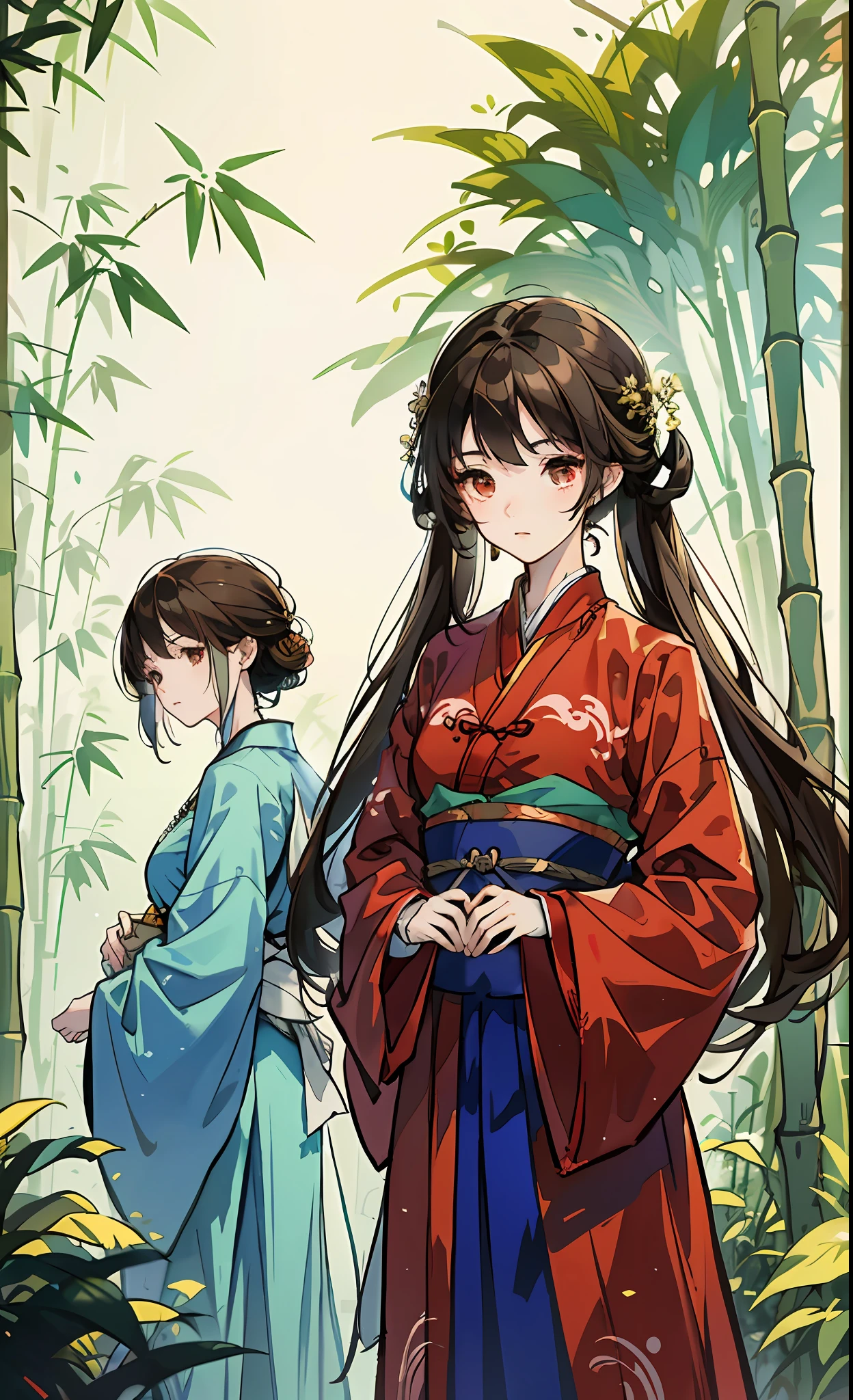 schoolgirls，ancient wind，Hanfu，Two people，bamboo forrest，Two girls, one with white hair and one with blue clothes and the other with brown hair and red clothes