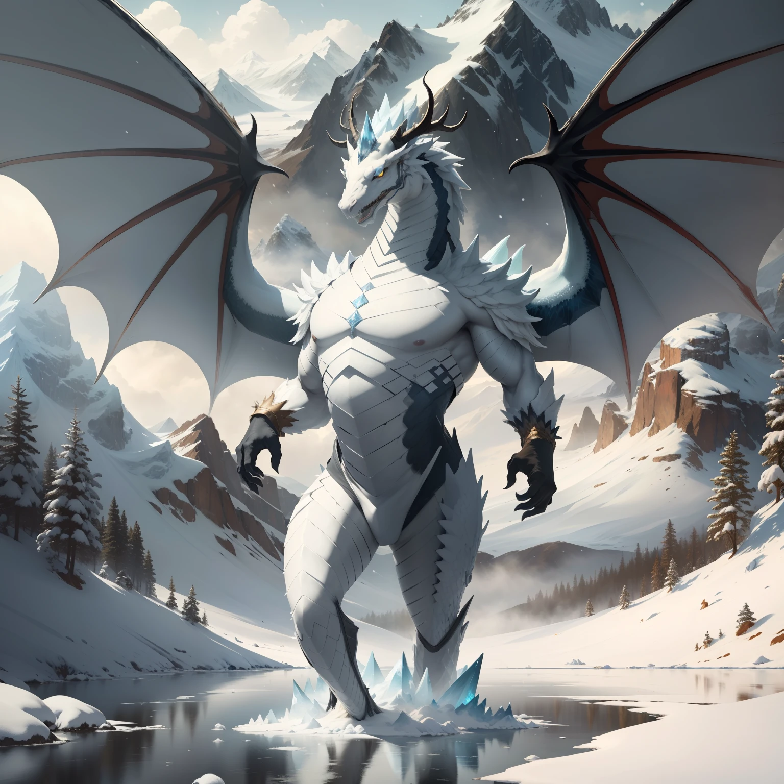 (8K), (UHD), ((best quality)), ((masterpiece)), (detailed),giant, ice dragon, white scales, snowy mountain, snowing from sky, volumetric lighting, horns, icy spines on back, frozen lake, open wings, fullbody, long white fur,