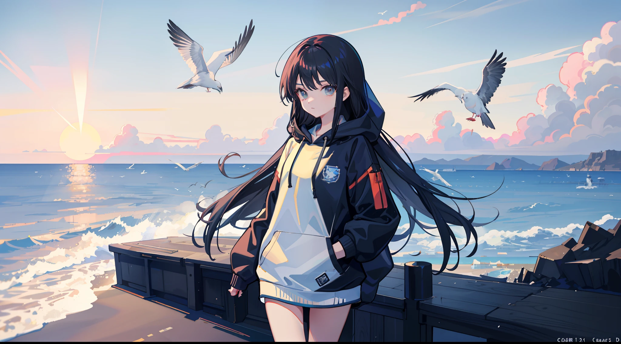 teens girl,Hooded sweatshirt,校服,black long straight hair,with fair skin,Slim,sea beach,breakwater,Skysky,clouds,seagulls,Detailed background,vessels