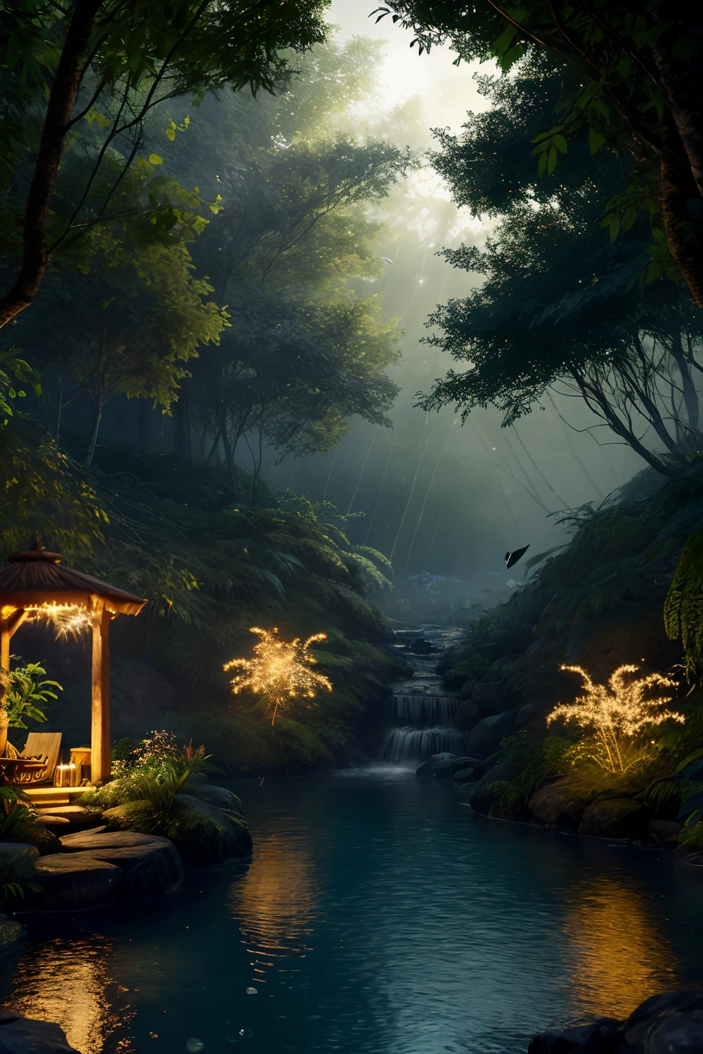 Masterpiece, best quality, (very detailed CG unity 8k wallpaper), (best quality), (best illustration), (best shadows), glow sprite, with a glowing deer, in the swimming pool Drinking water, natural elements in the forest theme. Mysterious forest, beautiful forest, nature, surrounded by flowers, delicate leaves and branches surrounded by fireflies (natural elements), (jungle theme), (leaves), (twigs), (fireflies), (particle effects) etc. 3D , Octane rendering, ray tracing, super detailed --v6