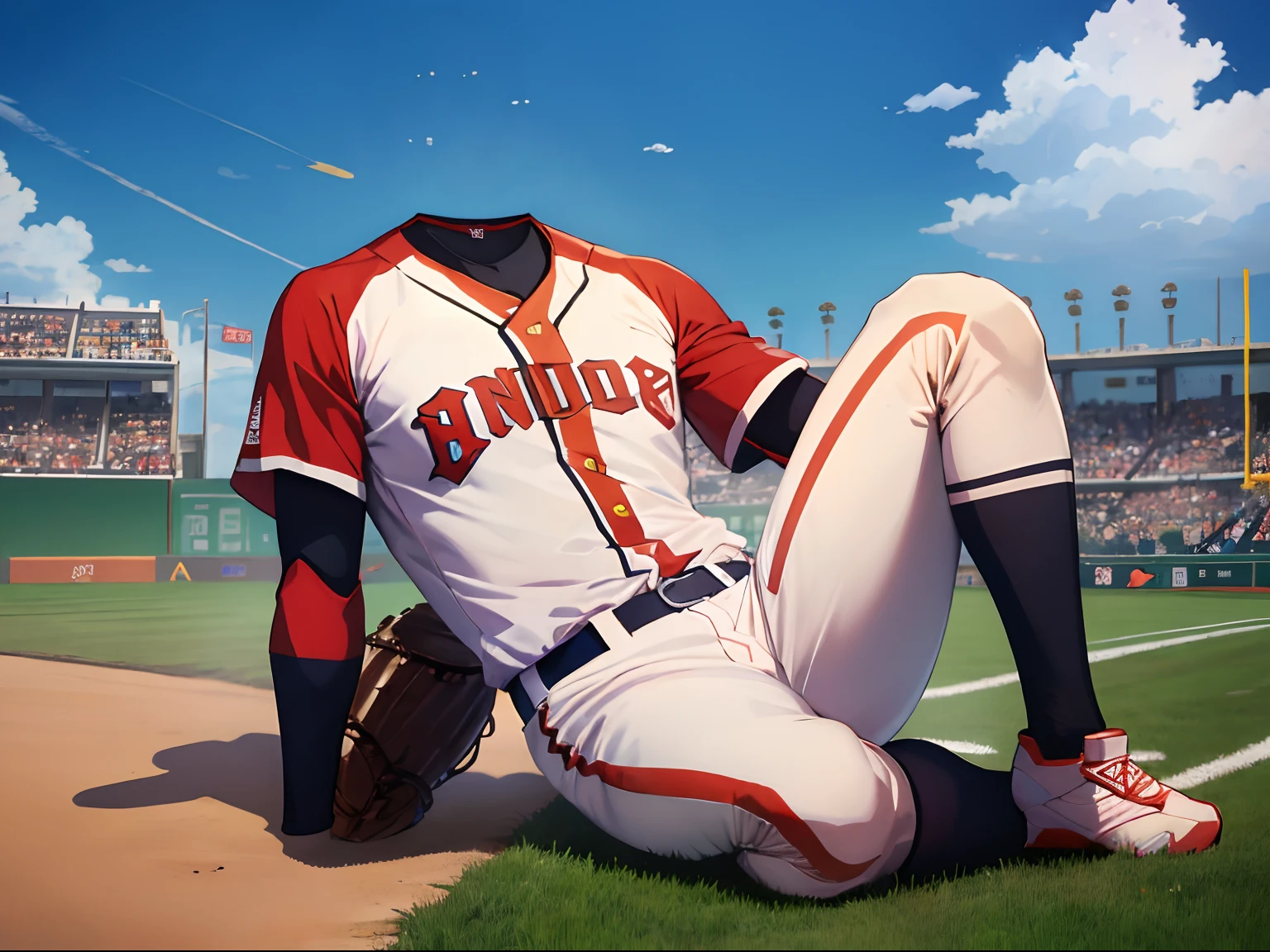 (masutepiece:1.4), (Best Quality), (Detailed), 1male in, ((invisible)), No humans, Faceless, Headless, baseball uniform, red undershirt, white uniform, black socks, sitting,