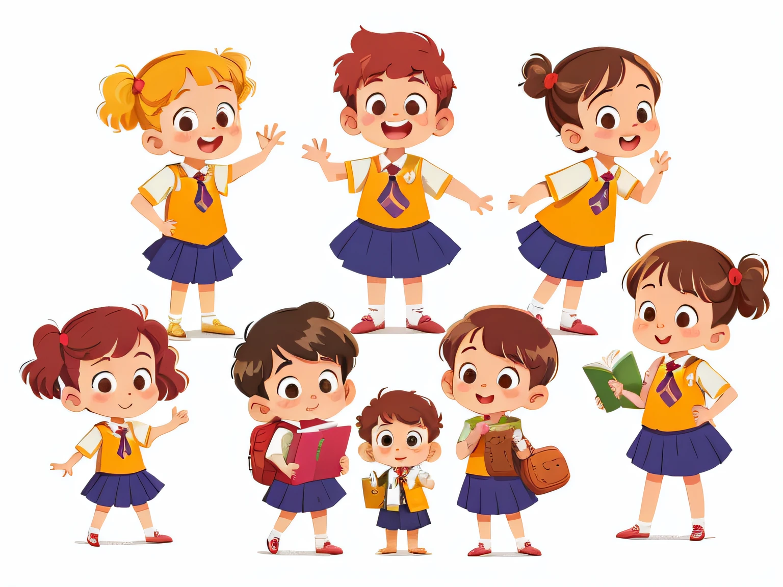 illustration, masterpiece, best quality, School teacher with several students (girls and boys) standing, They wave at us, in school uniform, from opposite, Happy, full body, in the style of childreb book charecter, charecter sheet, white background, adjective + object, character sheet, children book character, white background, white background, looking at viewer, short hair,