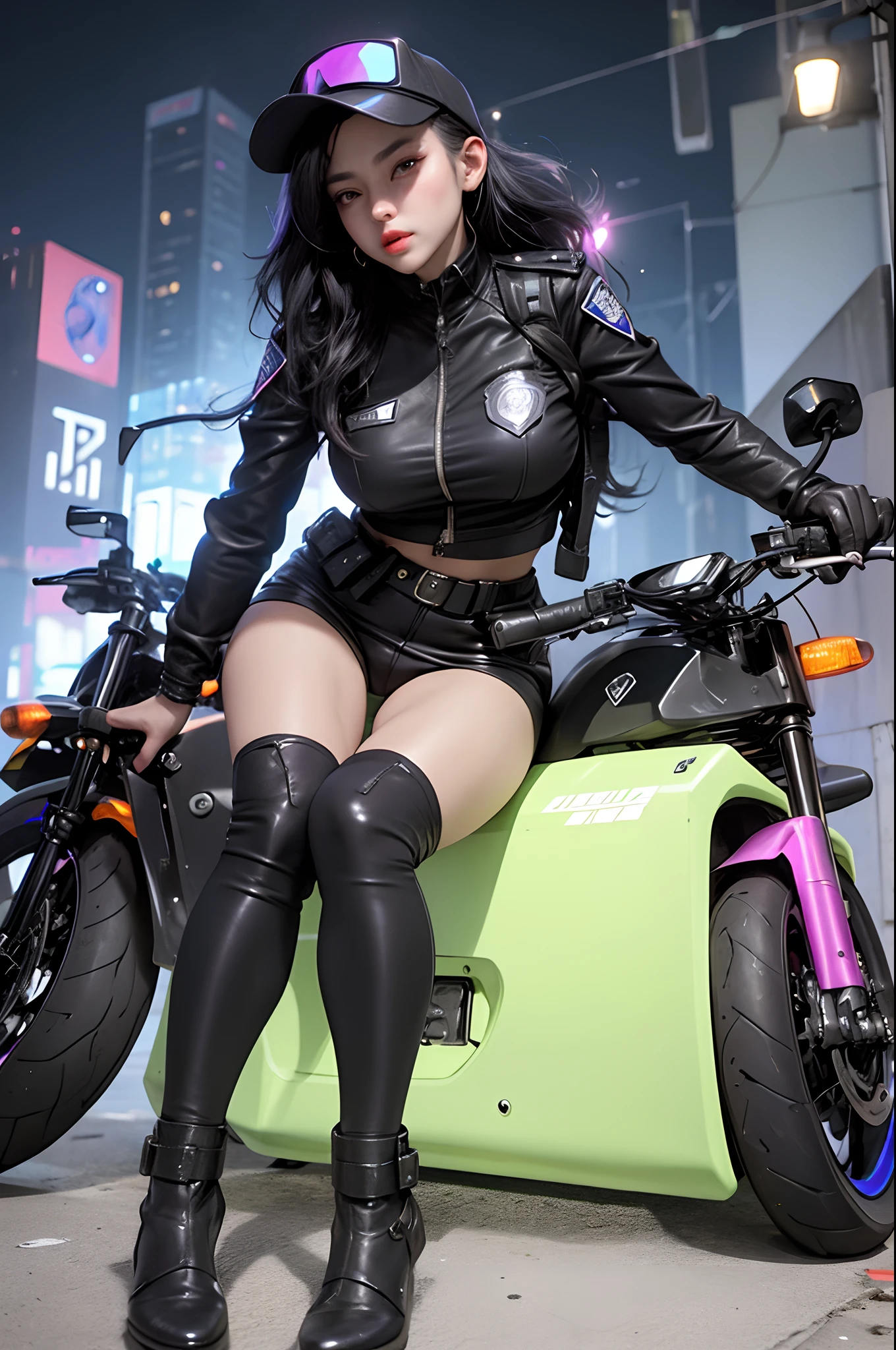 Beautiful woman medium hair, wearing cap, cyberpunk style short clothes, cyberpunk police woman, tomboy, Traffic Police, flying futuristic police motorcycle, police hovercycle patrol, night, neons