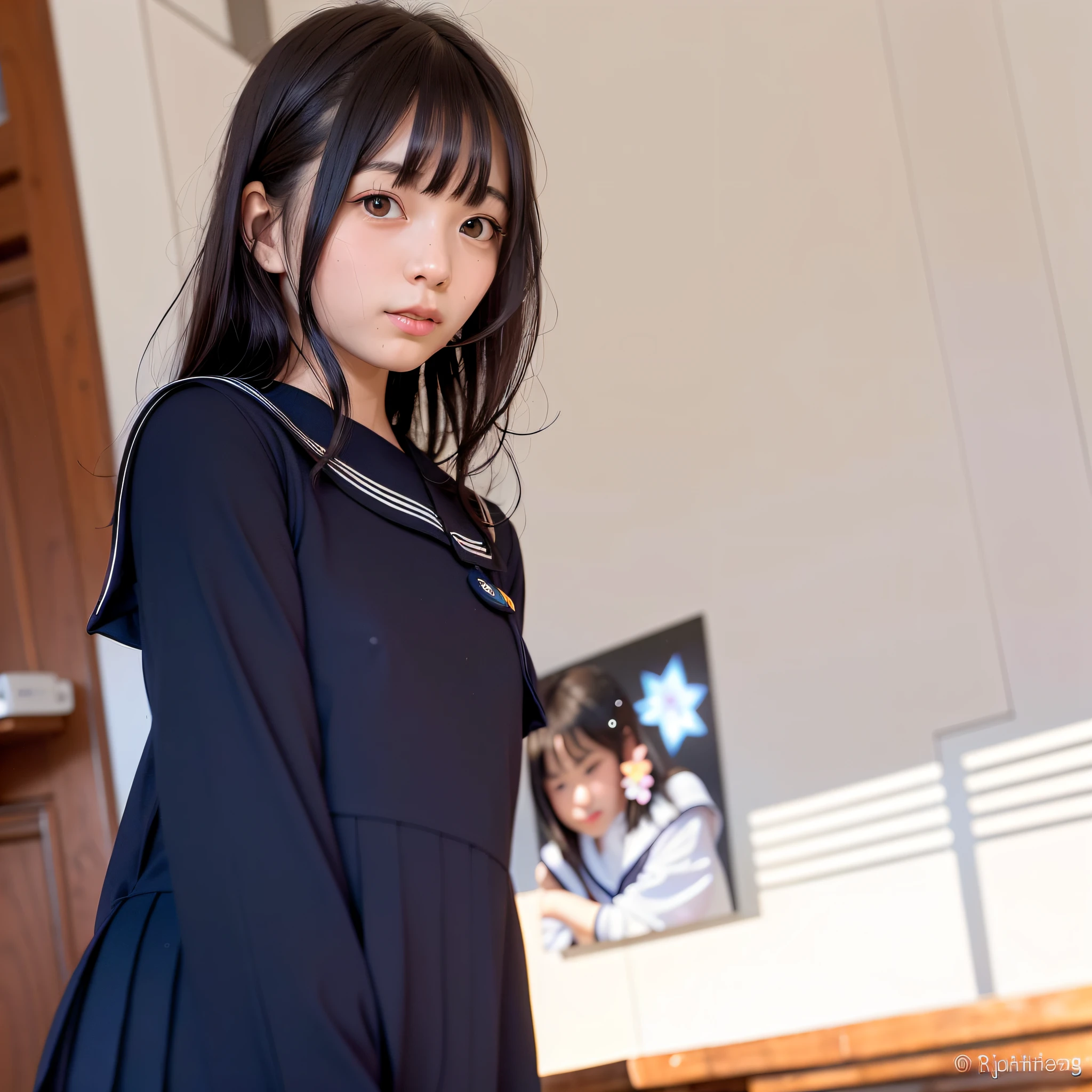 (Extremely detailed Cg Unity 8K wallpaper), (Ultra-detailed), (Best photo illustration), (Best shadow), Real human skin, Shade, back lit lighting, full bloom, Natural lighting, hardfocus, filmgrain, Look at the viewer, japanese-inspired, idoly:1.2, girlish, Skinny, Pale skin, Soft lips, (Light eyebrows:1.4), Shining blue eyes, Long straight black hair, Qi bangs, Cute, Classroom Night and night, (nose blush), black color dress, Sailor suit, Black pleated skirt, Black stockings, Sneakers, cheerfulness, Smile, Enchanted expression, (Photorealistic:1.6), Lens flare, Depth of field, (Masterpiece), (Best quality)