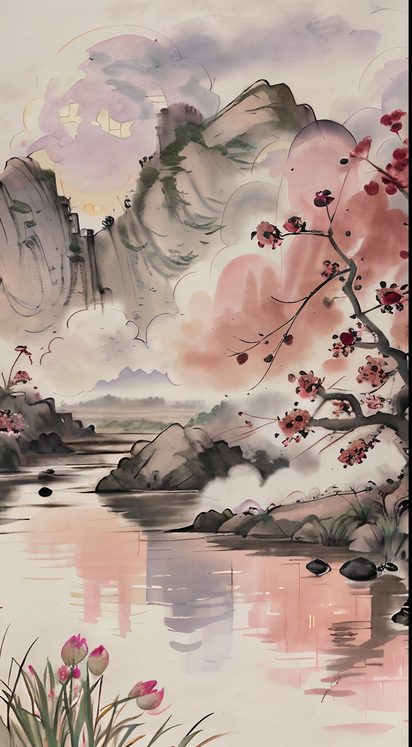 A faint flying bridge spanned in the smoke,Iwaso asked the fishing boats to the west。Peach blossoms flow with water all day long,Where is the cave on this side of Qingxi(A landscape painting full of illusory artistic conception),(There is a huge ripple pool),(There are a lot of scattered ones floating on the surface of the pond(Light pink peach blossoms:1.2)of flowers),There are some old thatched huts by the pond,(A river that flows into the distance,(fishing boat:1.2)),(There is a piece on the shore(Peach grove:1.2),(Pale pink flowers),(The setting sun shines obliquely through the clouds),(The whole painting is made with distinctly black ink:1.3),(Light particle effect),(Masterpiece),(Extremely detailed picture description),(8k wallpaper),(Master painting),(Ink painting style is strong:1.2),(Noticeable light and shadow effects),(Ray traching),(Obvious layers),(depth of fields),(best qualityer),Ray