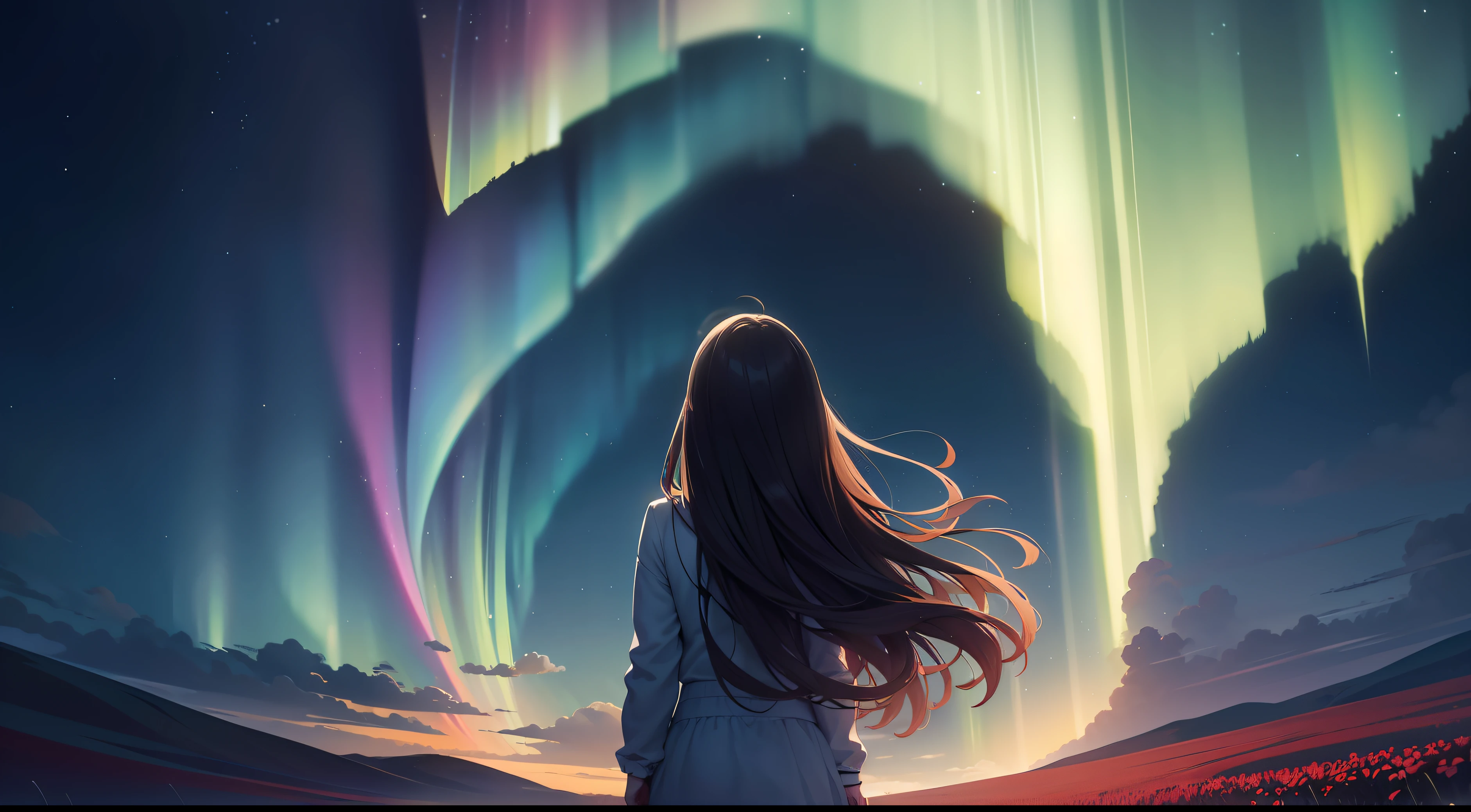 Uma jovem de quimono vermelho com flores de cerejeira estampadas, Standing in a green field under a night sky. She looks up in awe, vendo a aurora boreal brilhar em tons de rosa e azul. Uma chuva de meteoros ilumina o horizonte, e um cometa cruza o firmamento. His name is written in elegant letters in the lower right corner of the image. The scene is seen from below and from behind, giving a sense of distance and mystery. A imagem tem uma qualidade impressionante, digna de uma obra-prima. (Focus:-1.5)