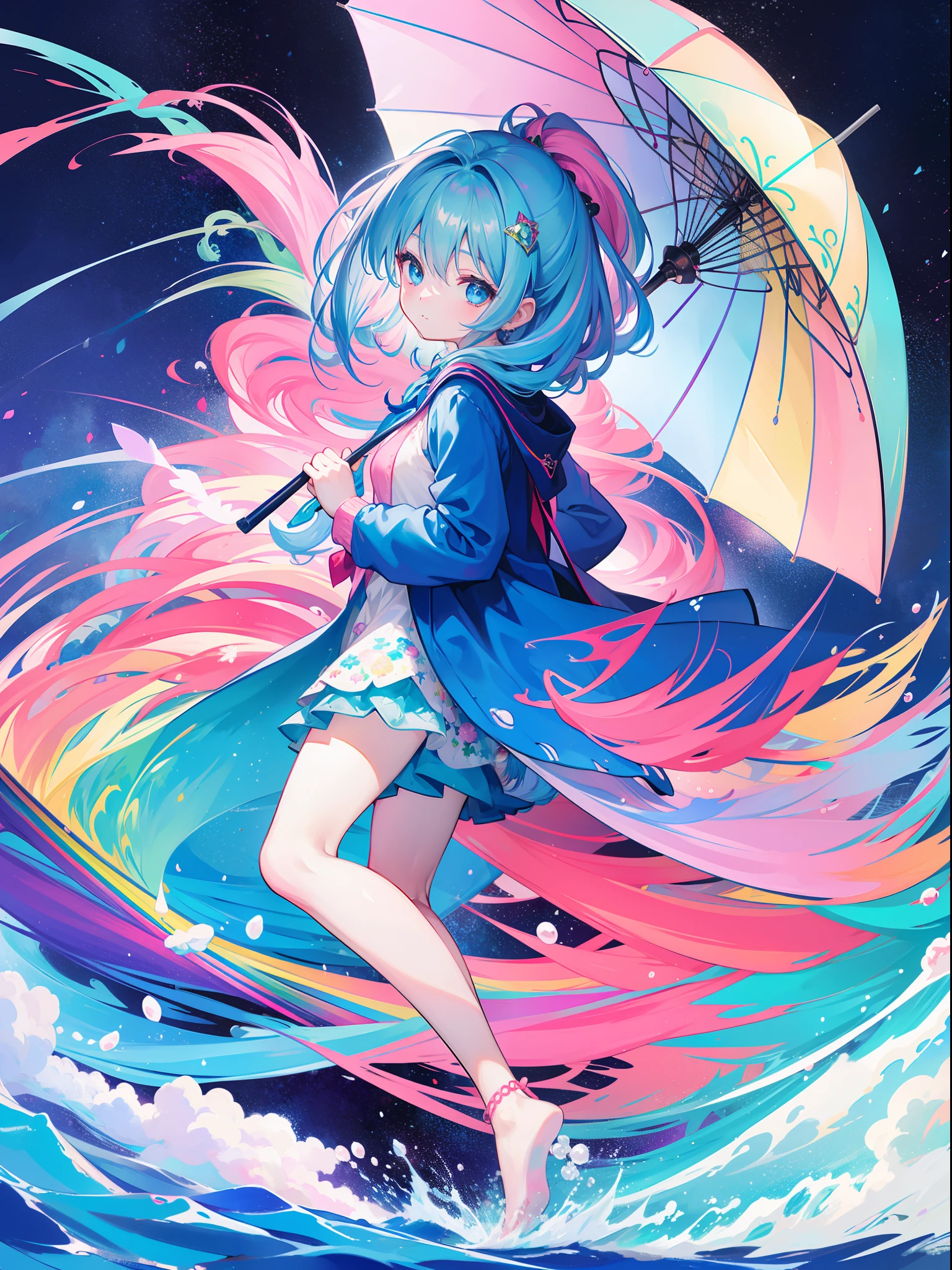 Dark Magician Girl、MKSKS style、1 persons、(highly detailed back ground:1.0)、(highly detailed back ground:1.0)、​masterpiece、top-quality、超A high resolution、in 8K、full body Esbian、frombelow、Looking back、(1/2 pink and 1/2 Light blue hair、rainbow-colored hair)、(A detailed eye、Blue eyes)、Laughing、(Rainbow Print Cardigan、1/2 pink and 1/2 Light blue cardigan)、Detailed skin、(Holding a rainbow print parasol:1.2)、Daytime、夏天、wakame、wakame、wakame、wakame、wakame、wakame、wakame、wakame、wakame、wakame、wakame、wakame、wakame、wakame、wakame、wakame、wakame、wakame、wakame、wakame、wakame、wakame、wakame、wakame、wakame
