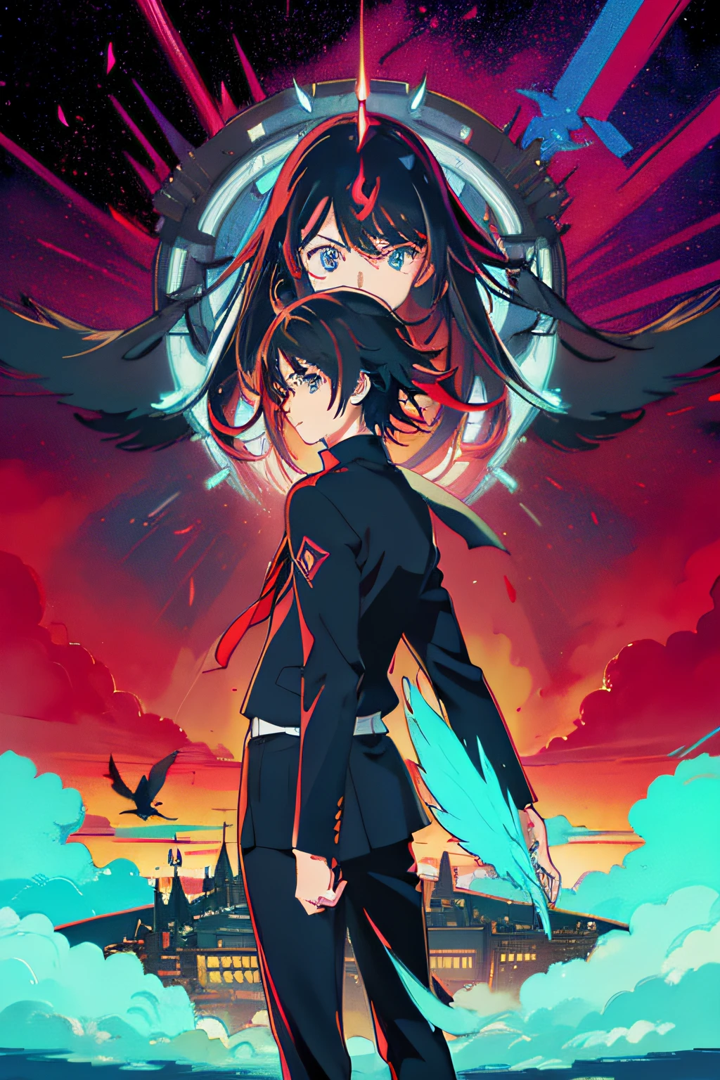 Anime boy in black hair high school clothes and glowing neon blue eyes, with his back to the red sky with crows flying, em perspectiva 2D, ficha de personagem, modelo de personagem, various positions