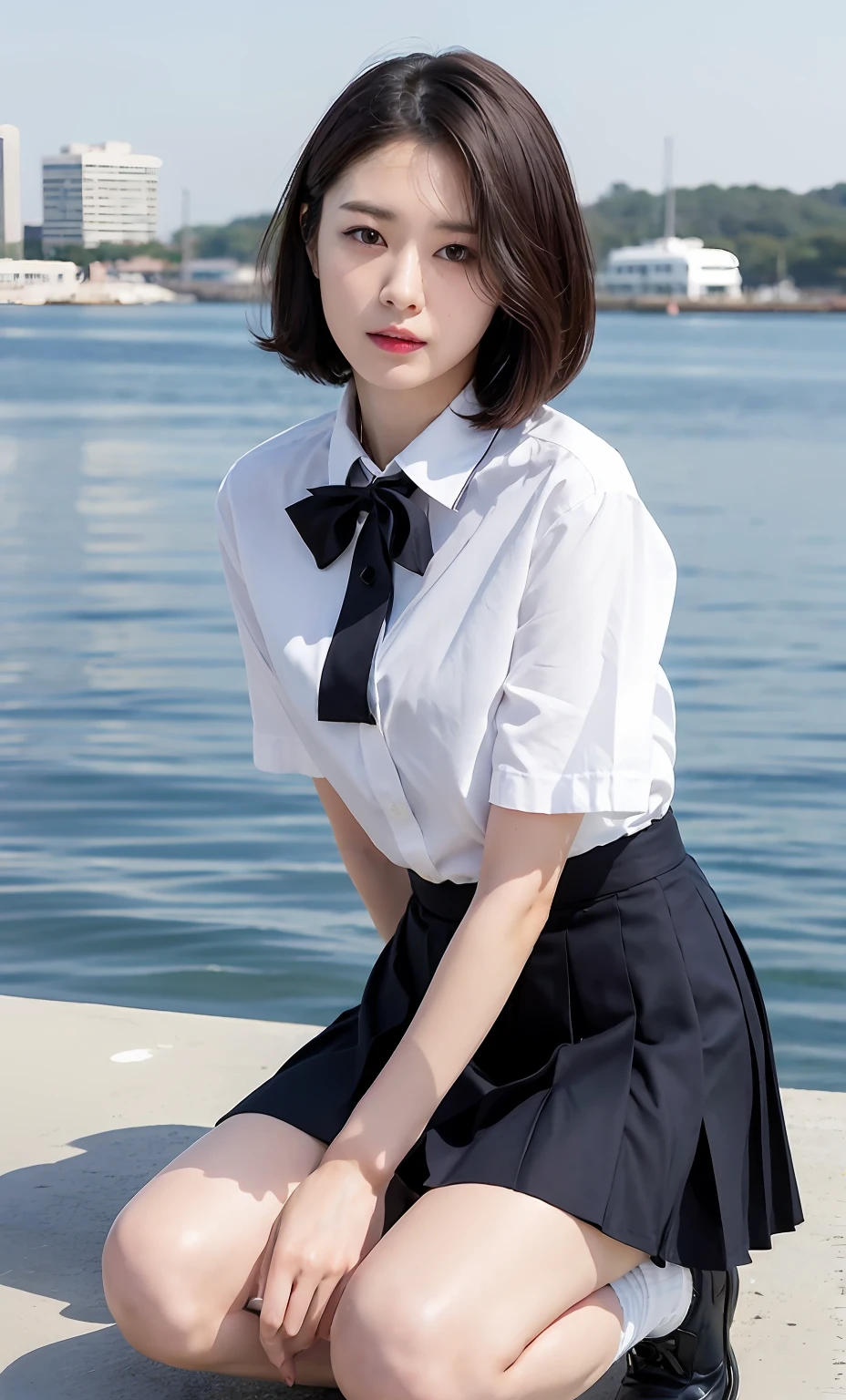 (8K:1.27), Best Quality, masutepiece, 超A high resolution:1.2), Beautuful Women,japanese hight school uniform, girl with, fully body photo, White cutter shirt with buttons on the front, shortsleeves, Dark blue pleated skirt, A dark-haired, Short bob hairstyle, Twin-tailed, Black hair bangs, The body is facing forward,  Looking at the camera,4K or 8K images,  , Sitting on the harbor breakwater, Wear short socks,Put your hands on your knees,Wearing black loafers,