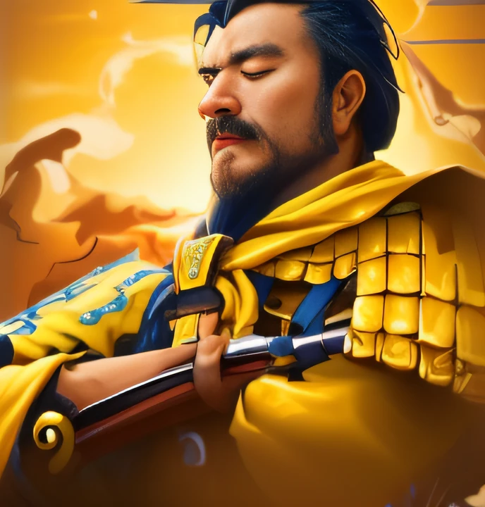 Holding a sword in his hand、Close up portrait of a man with closed eyes、Landscape of the Yellow River