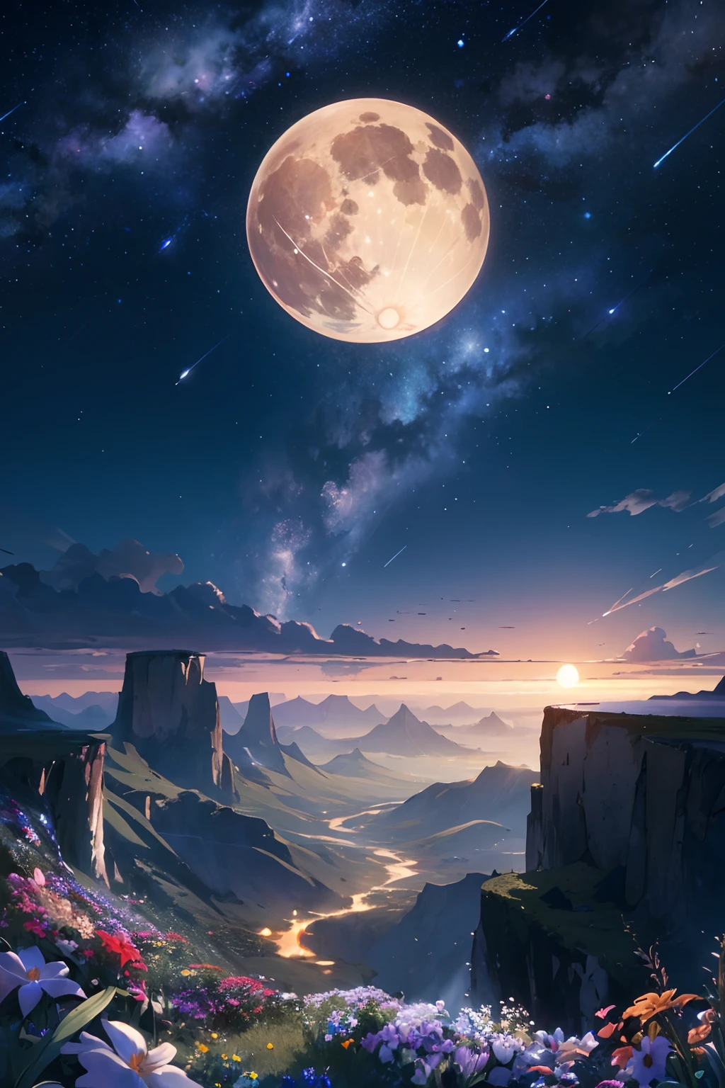 Highly detailed CG Unity 8K wallpapers,Vast landscape photos、(View from below with a view of the sky and the wilderness below),Colorful flower garden,top-quality,fullmoon,natta,shooting stars,Highly detailed detail