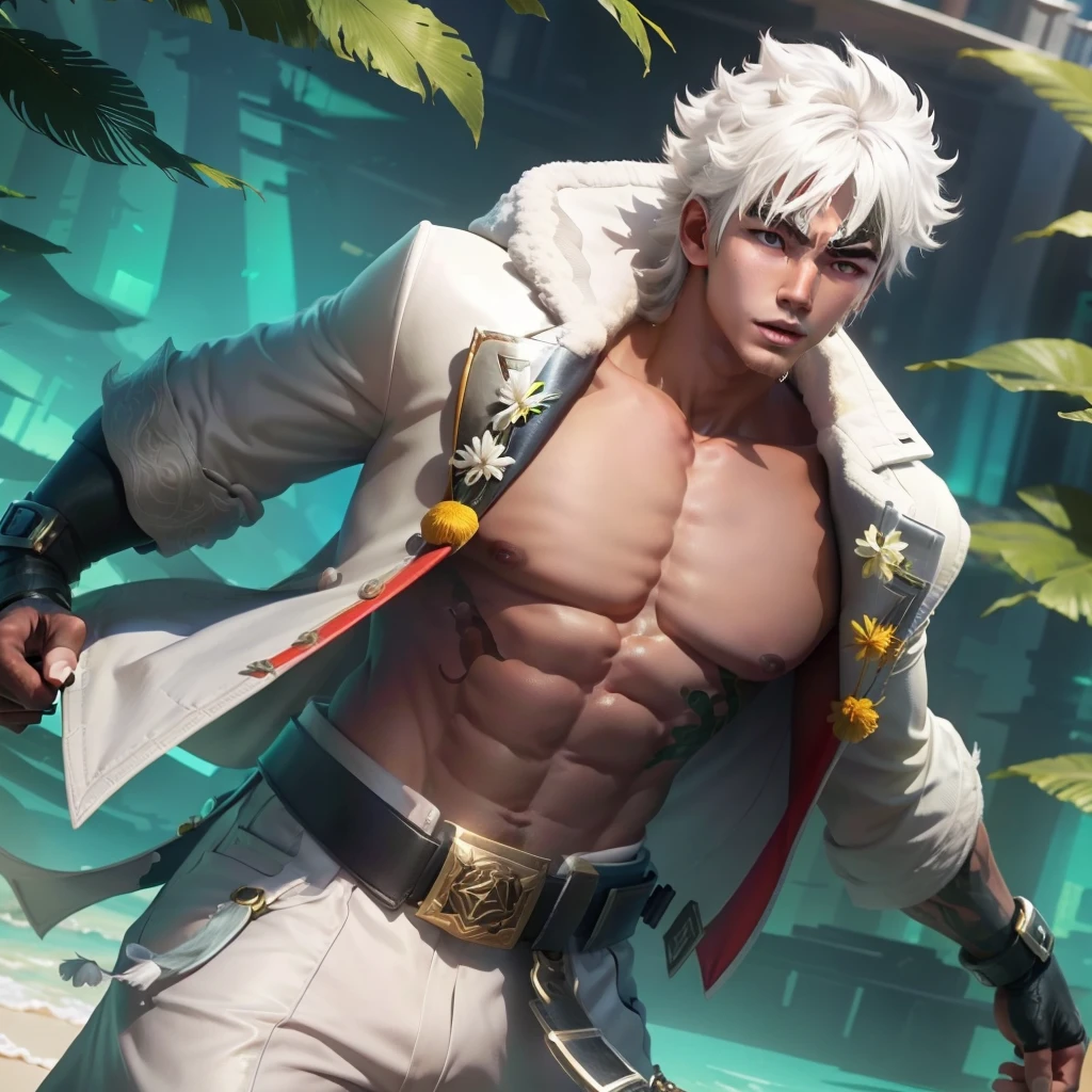 summer day、white color hair、The pectoral muscles are well developed、Perfect figure,nakeness,Wearing a tong