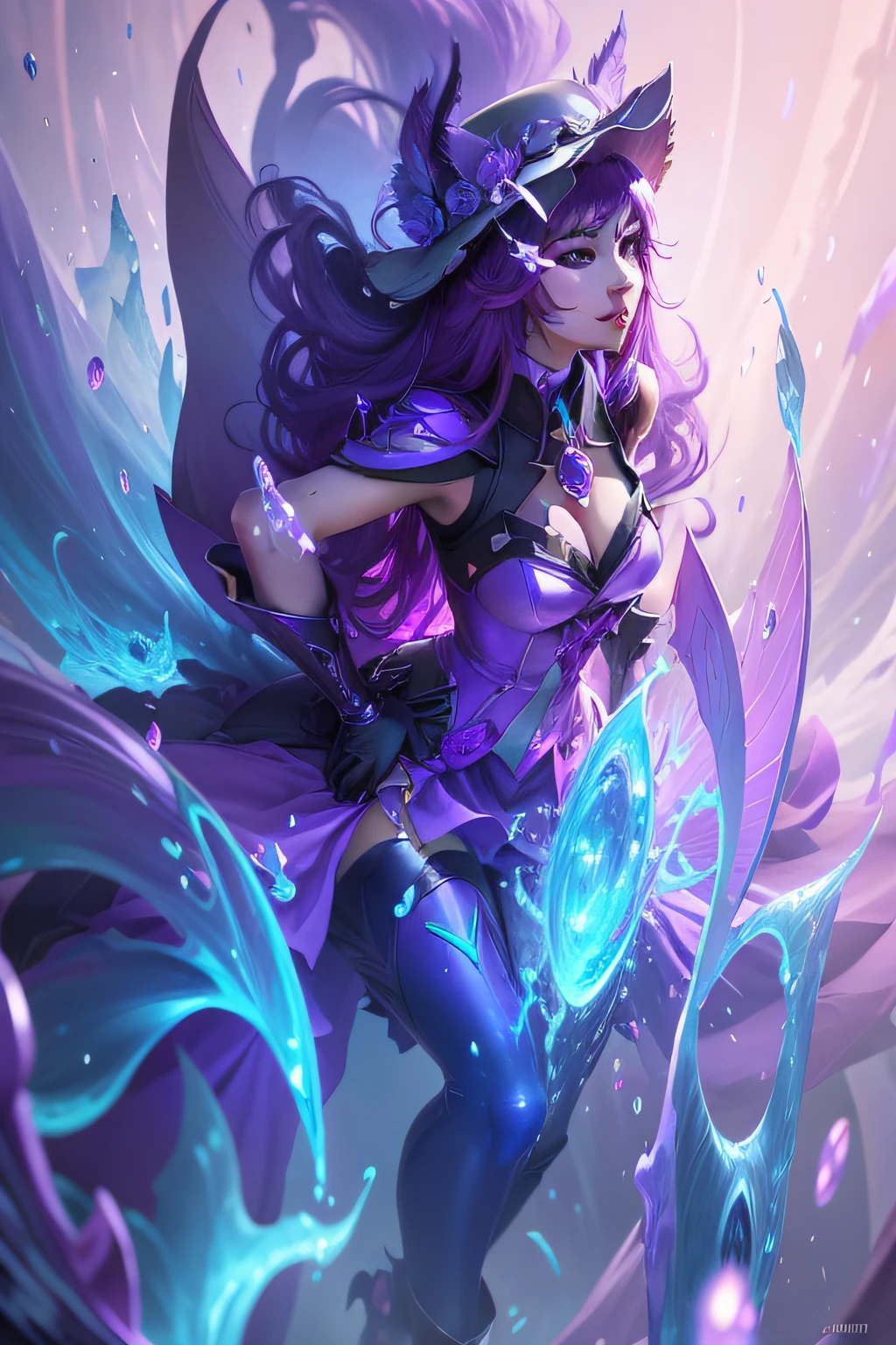 Close-up of a woman in a purple dress and purple hat, ahri, portrait of ahri, seraphine ahri kda, ahri from league of legend, league of legends splashart, league of legends splashart, league of legends character art, Extremely detailed Artgerm, Splash Art, Style Artgerm, Official Splash Art