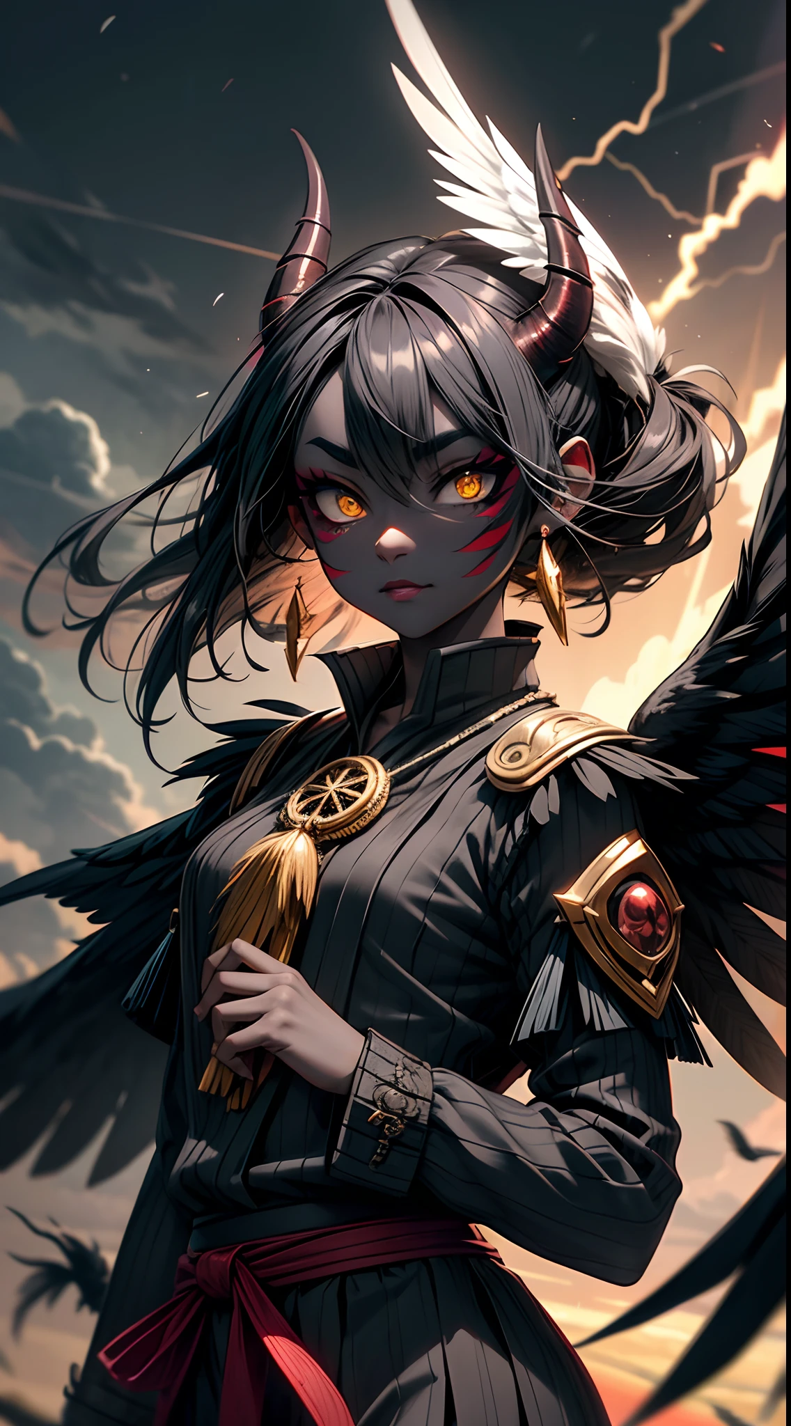 oni, demon girl, avian-themed face markings, feathered horns, raven-black hair, avian, stormy ((dark gray skin)), sky citadel, observing thunderstorms, harnessing lightning energy, detailed face, feathered staff, winged attire, wholesome