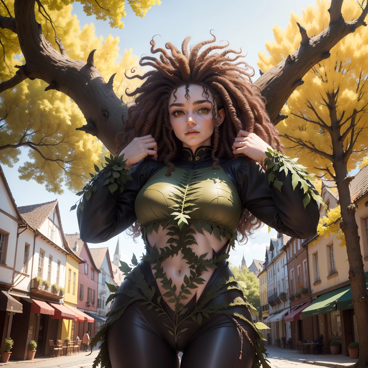 monster, 2 meters, a tree, human face, Yellow eyes, Hands Branches, Column legs, curly hair with leaves, Top Quality, tmasterpiece, Repulsive appearance, Resemblance to oak, on two legs, Close to the viewer, In the town square, Medieval town in the background
