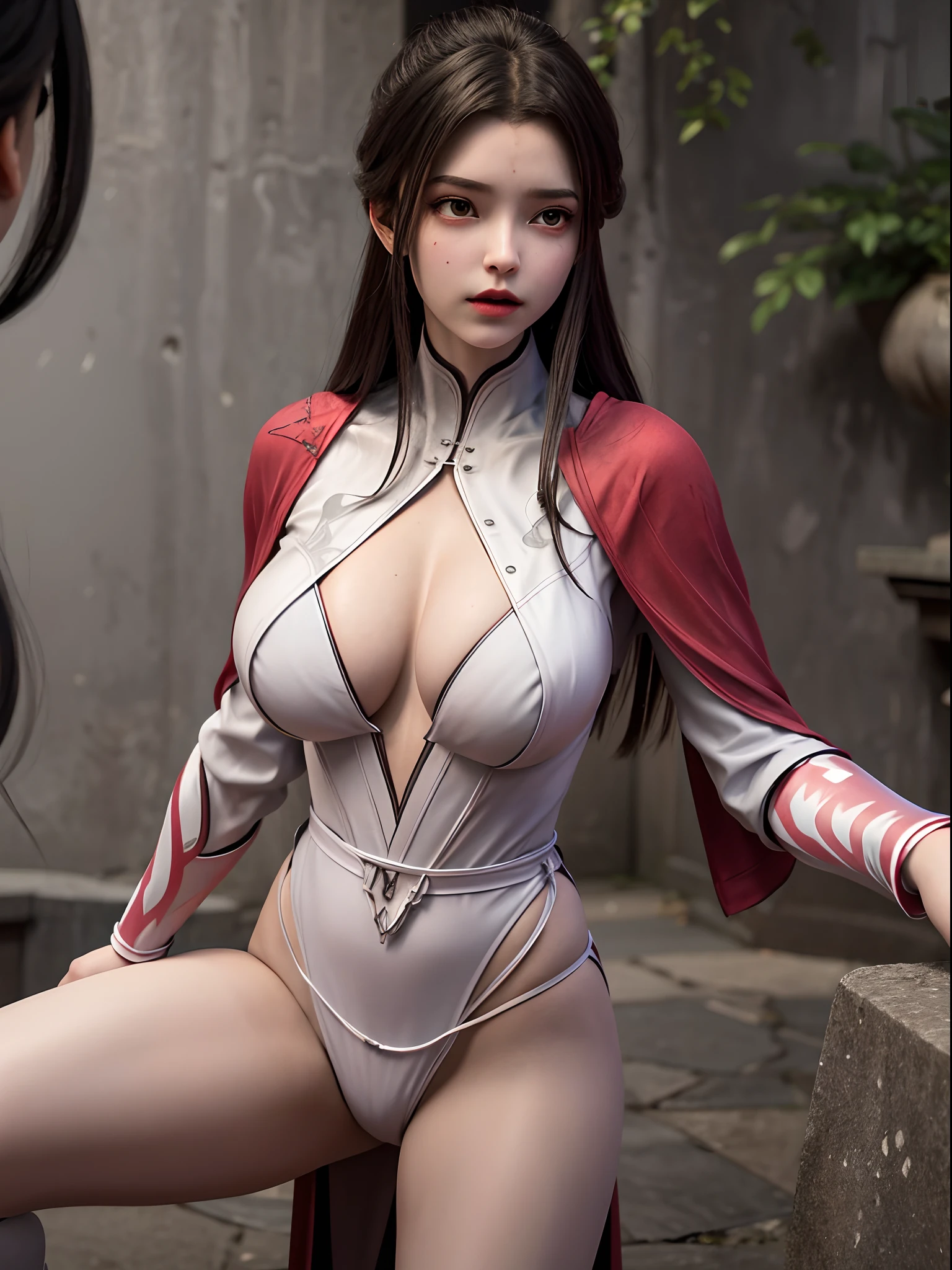 weak light, physically-based rendering, upper body, 1 girl, luxueqi, solo, looking at viewer, very huge breast, breasts out, breasts focus,sexy pose, shinny skins,ultra high res, (photorealistic:1.4), raw photo,16K,dramatic lighting, film grain,black Armor and red robe,black Armor and red robe,a red mole on brow