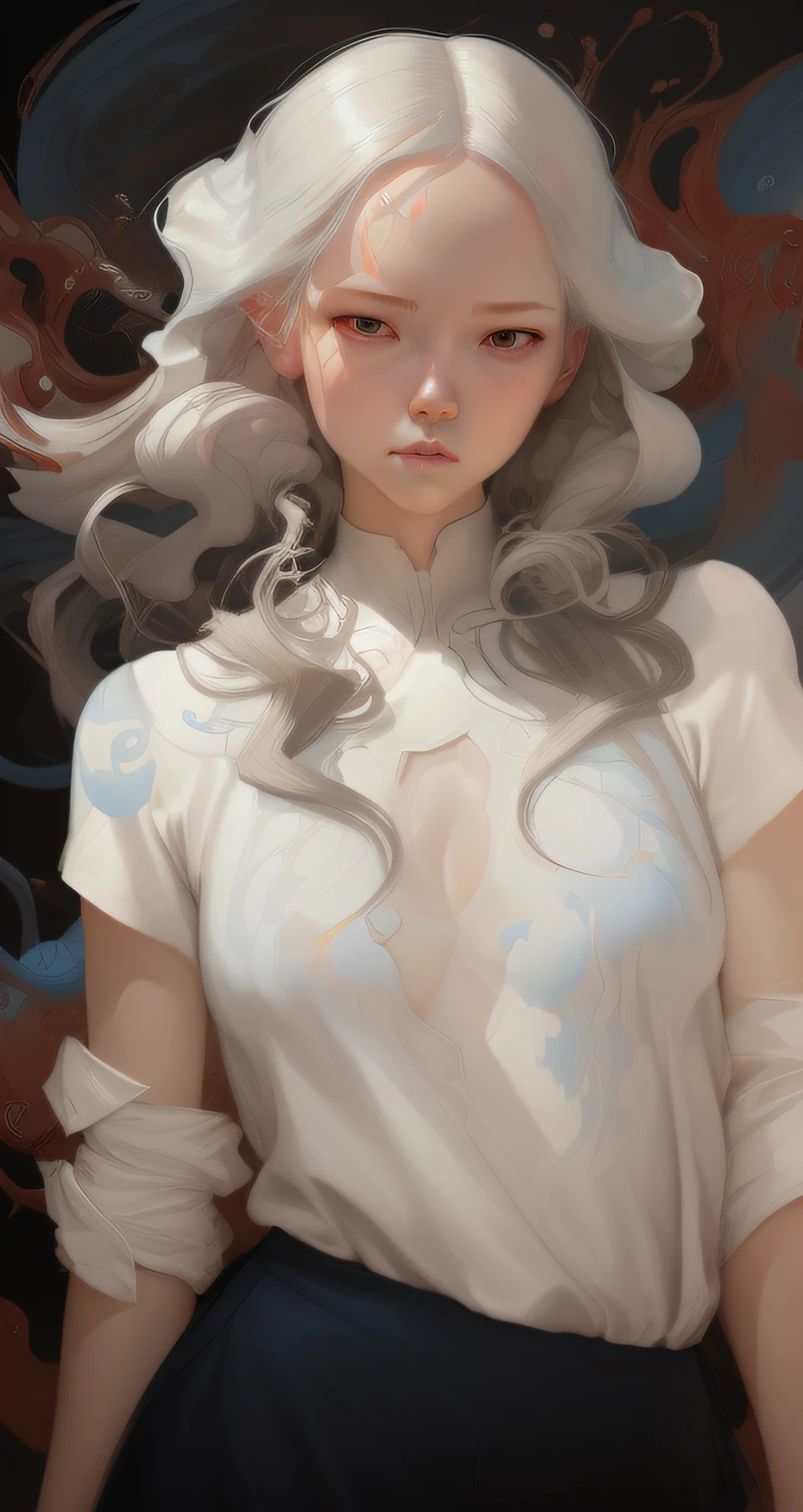 painting of a woman with long hair and a white shirt, james jean soft light 4k, james jean soft light 4 k, james jean and wlop, artgerm and james jean, james jean andrei riabovitchev, in style james jean, style of james jean, inspired by James Jean, james jean art, james jean artwork, james jean marc