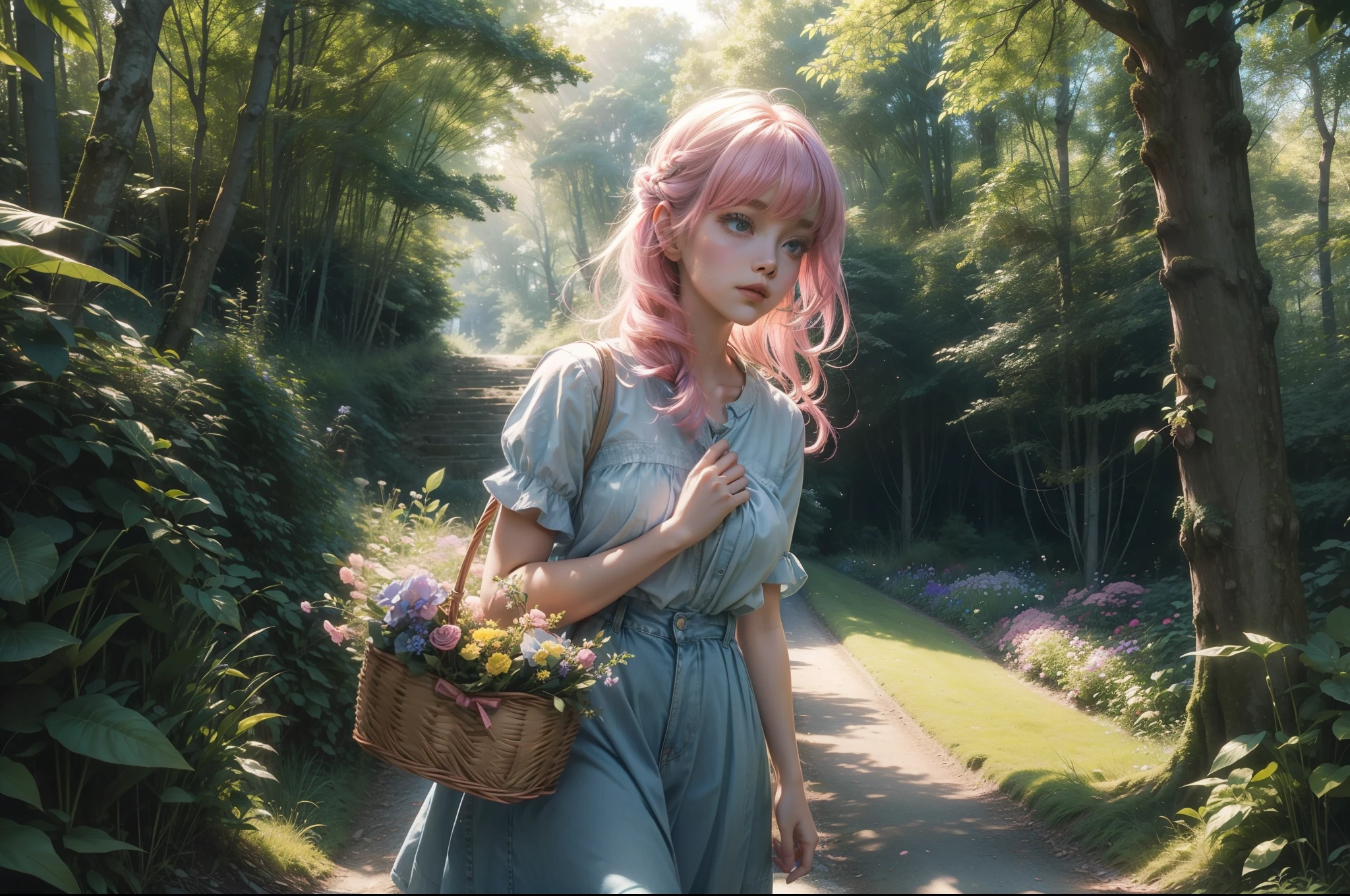 Close up of a girl ascending an slight slope through a forest. She holds a basket of flowers. Hair on the wind. Pink and blue jeans conservative dressed. Rays of light filtering through the trees. Green trees intertwin their branches over the path. Bushes and some flowery plants under the trees. Colourful image. Highly detailed. Ray traicing.