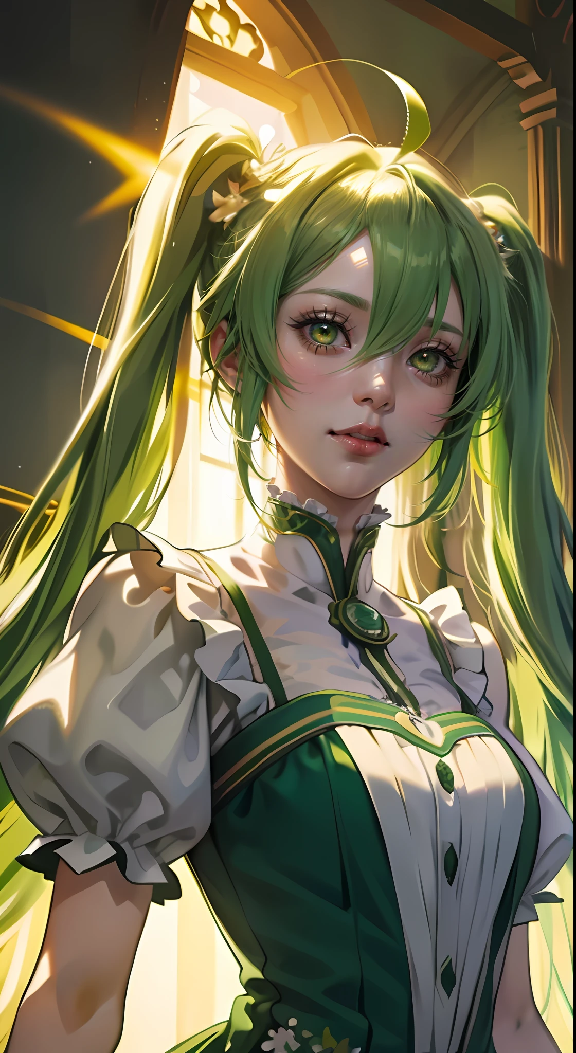 Green hair, Dull hair, double tails, long whitr hair, Yellow eyes, Heterochromia, ssmile, cheerfulness, anime big breast, romanticism lain, god light, Cinematic lighting, hyper HD, High details, A high resolution, Masterpiece,A cute girl,Green princess dress,Colorful flowers,magia,chemical elements