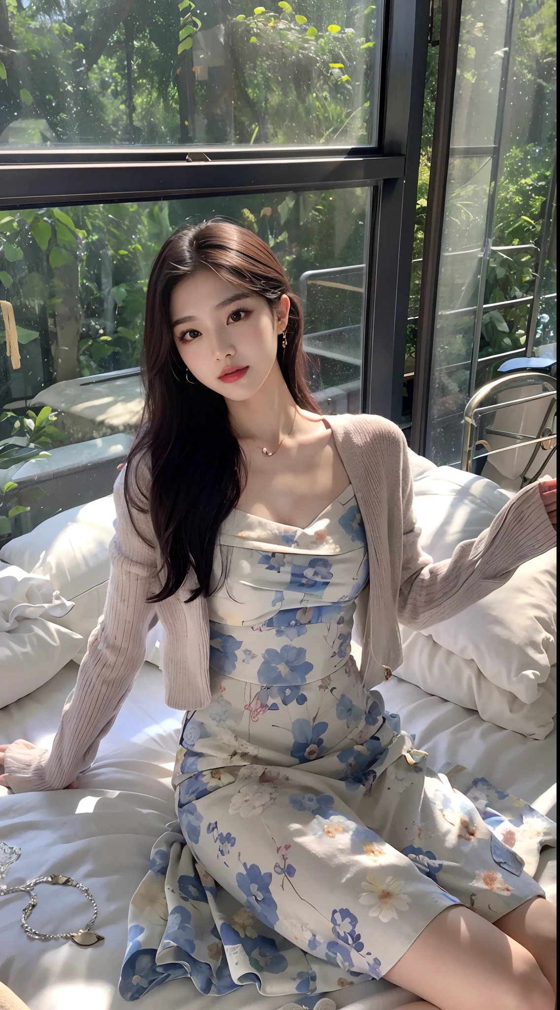 The Araki woman sat on the bed，Wearing a white and blue dress, bae suzy, Gorgeous young Korean woman, dressed with long fluent clothes, korean women's fashion model, Beautiful young Korean woman, beautiful Korean women, Gorgeous lady, sakimichan, ulzzangs, Open V chest clothes, Shin Jinying, tzuyu from twice