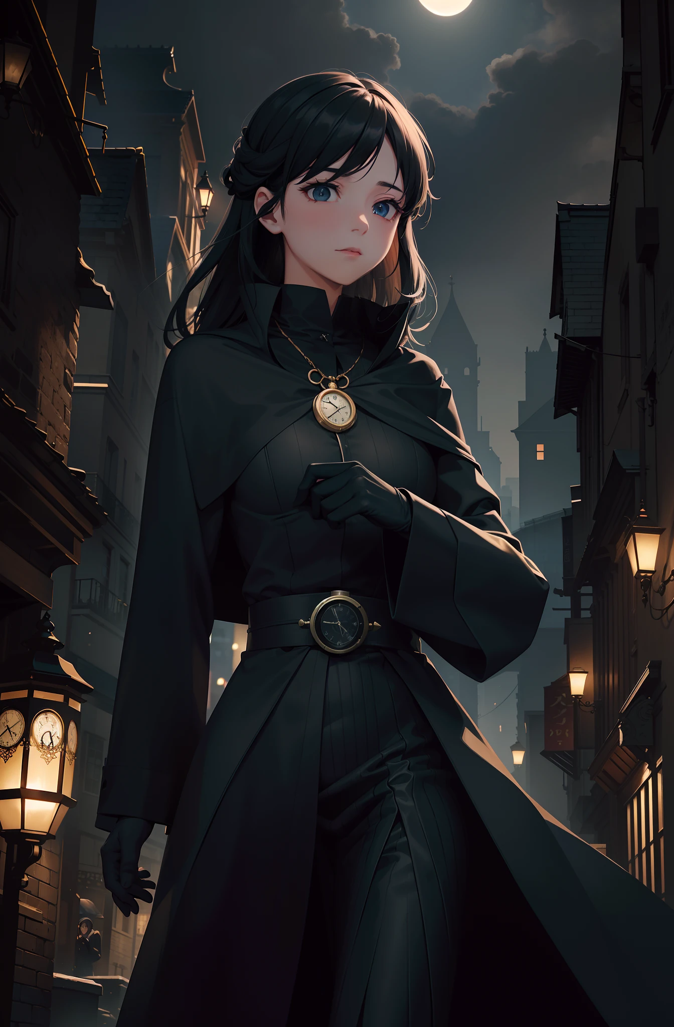 Enigmatic young white japanese anime character navigates the dark paths of nighttime London. Coberto por um elegante sobretudo, its ebony fabric swells like the tendrils of the night itself, as they glide over the millennia-old cobblestones. Sob o manto, A meticulously tailored suit weaves a symphony of intricate patterns, cada ponto um sussurro de enigma. Dark gloves cover hands, a tactile enunciation of hidden intentions.In the heart of the city, obscured by a dense shroud of mist, Iconic landmarks dissolve into the abyss, while the ethereal glow of the twinkling gas lamps casts an almost supernatural glow. The shadows dance with a sinister grace, choreographed by an invisible hand, adding to the prevailing air of mystery.In the middle of this atmospheric screen, os olhos do personagem brilham como obsidiana polida, reflecting unwavering determination and inscrutable purpose. Your pocket watch, A relic of occult motive, Captures and releases ephemeral flashes of ligh.