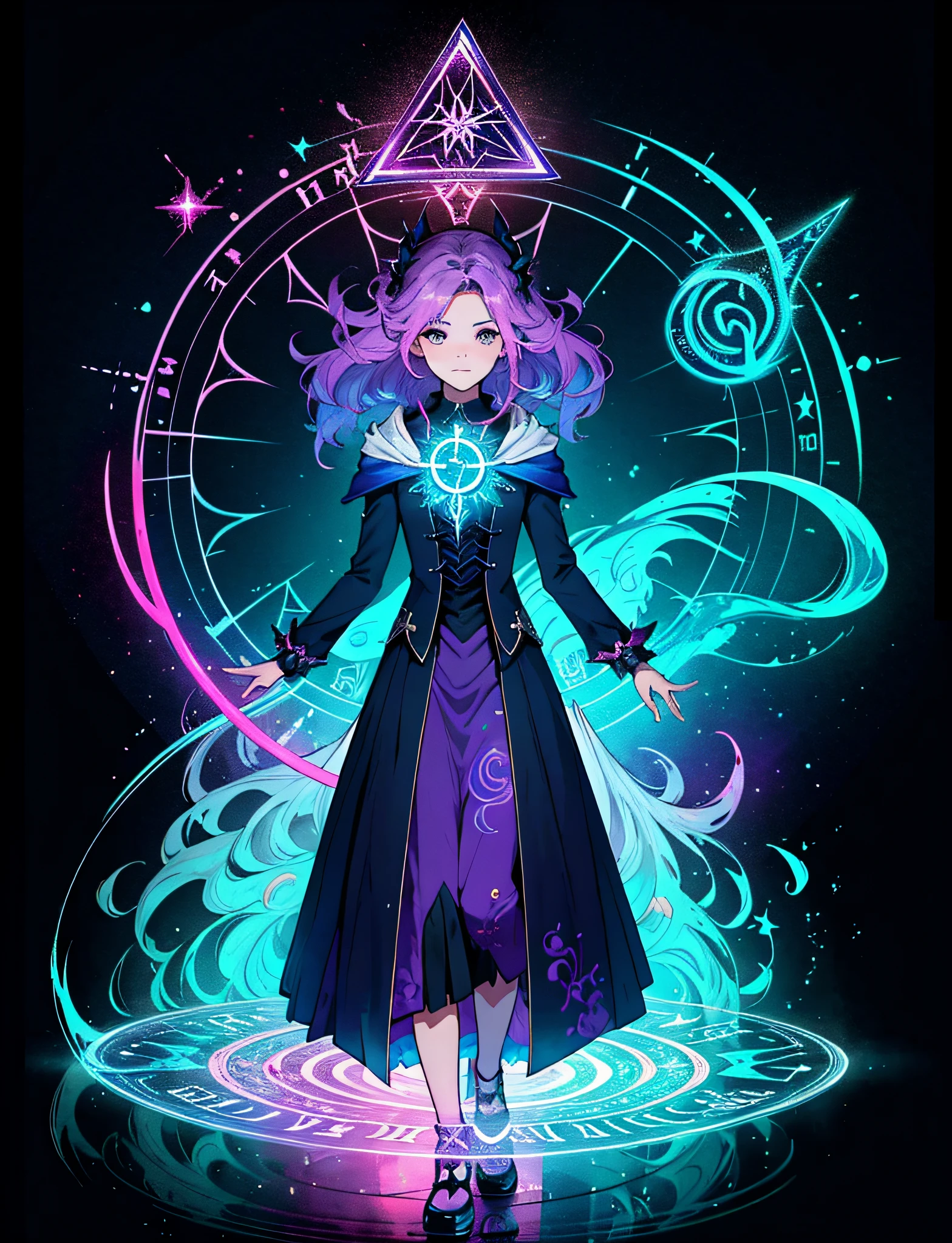 ((illustratio)),s girl,rich colourful,Wallpapers,Arcane,Surrounding magic,Magic surrounds,wands,book,Pages flying in the sky,Know it all,Predicting the Future,Learn about the past,Infinite wisdom,blue flame,Warlock,Magical Circle,pentacle,incantation,incantation,Singing magic,