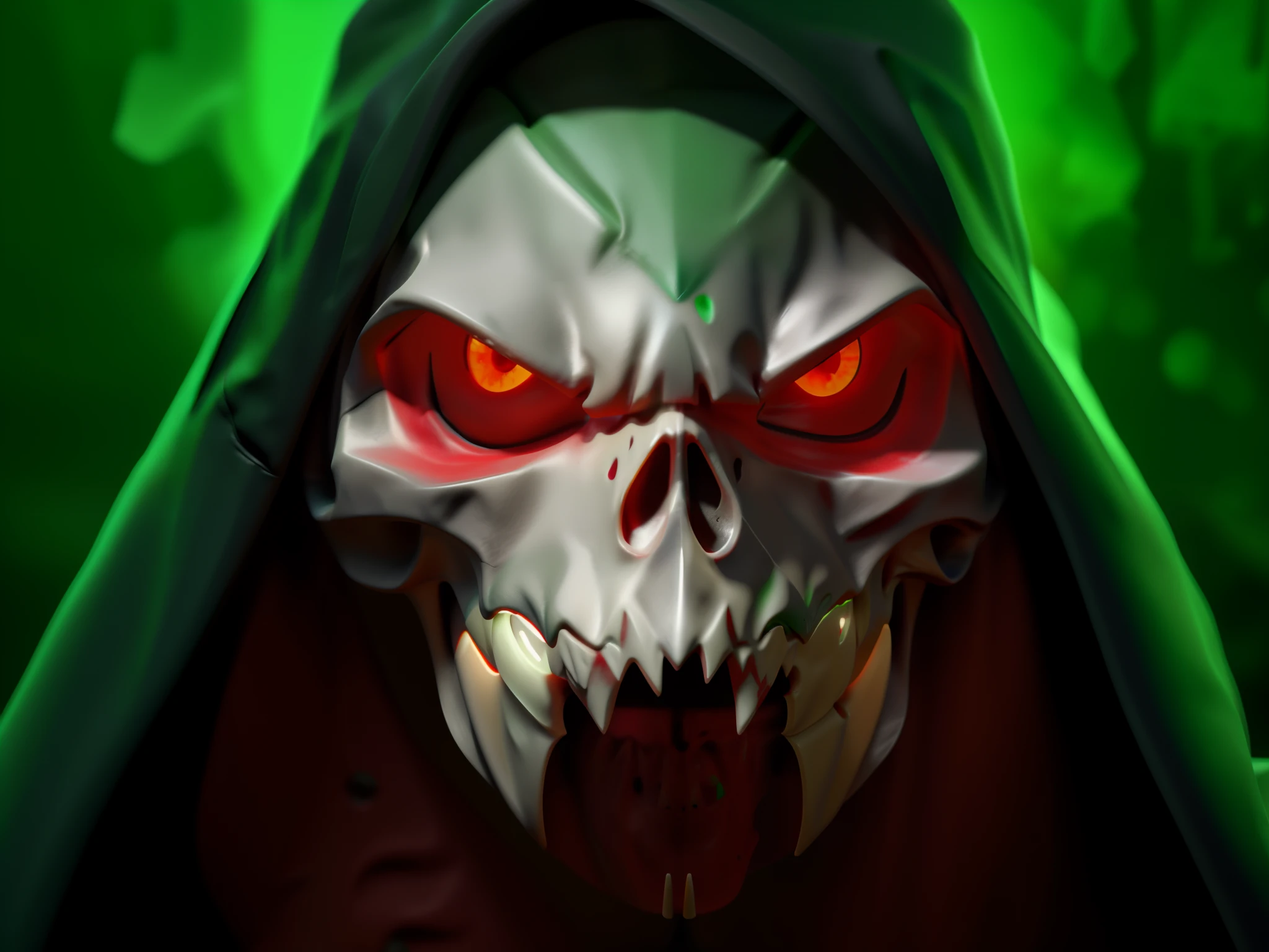Close-up of a white skull，There are a lot of sharp ones, Rough teeth，Blood-red eyes，Vampires，He wears a green cloak on his head，Green background，Scary vampires