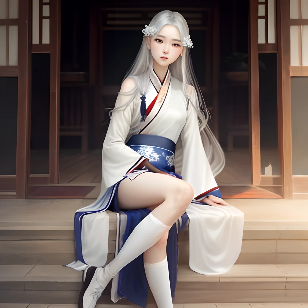 Silver hair, white silk, gentle, long hair, hanfu, long legs
