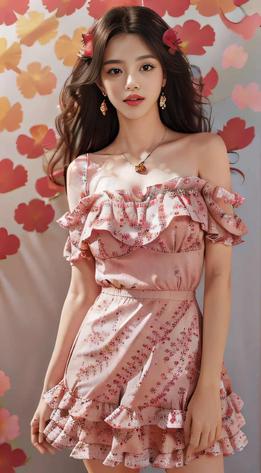 1girl,solo,jewelry,long hair,necklace,earrings,looking at viewer,cowboy shot,off shoulder,wavy hair,bare shoulders,Bright picture，grey eyes,lips,parted lips,skirt,frills,(red dress:1.3),colorful balloons,colorful，winnie the pooh,(flower background:1.5),