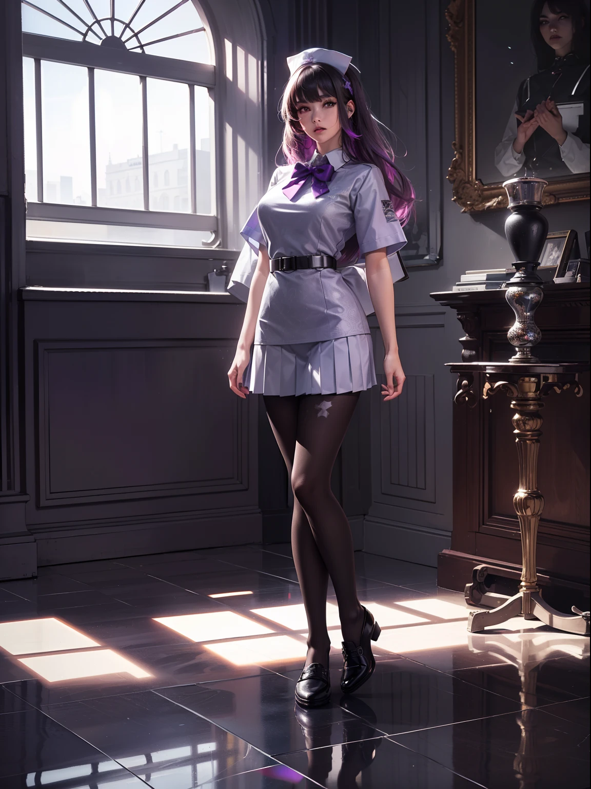 (full body:1.5),(1girl:1.3),(looking at viewer:1.4),(anatomy correct:1.3),(In the paradise of the day:1.3),(Wearing Very thick Printed Pantyhose and Nurse suit Set JK uniform printed Ultra short pleated skirt and JK uniform leather shoes with bow decoration :1.3), (A high jump posture:1.3),(In pink|amarelo|blue colors|green color|red colour|white colors|black in color|purpleish color|greys|Beige|Flesh color 1.4),(Glowing eyes:1.3),(Accurate and perfect face:1.4),(Clothing Gloss:1.25),(Skin reflection:1.25),hyper HD, Ray traching, reflective light,structurally correct, Award-Awarded, high detal, lightand shade contrast, Face lighting,cinmatic lighting, tmasterpiece, super detailing, high high quality, high detal, best qualityer, 16k,high contrast,