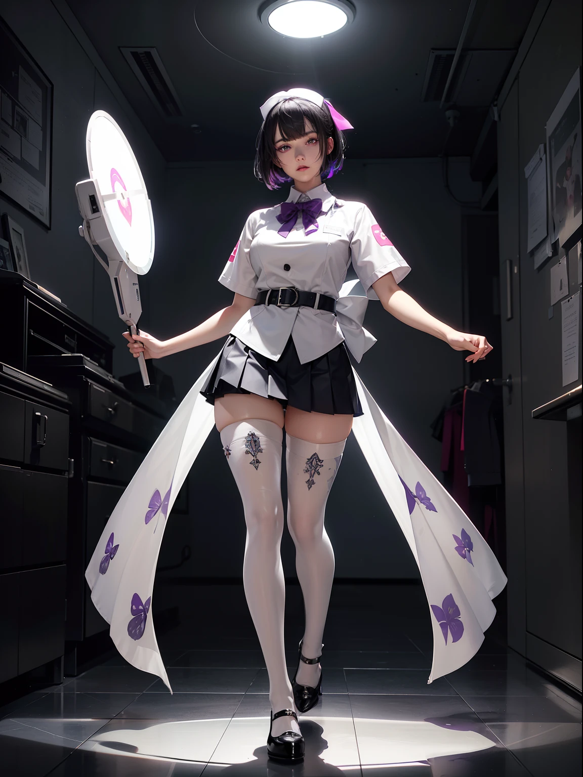 (full body:1.5)，(1girl:1.3),(looking at viewer:1.4)，(anatomy correct:1.3)，(In the paradise of the day:1.3),(Wearing Very thick Printed Pantyhose and Nurse suit Set JK uniform printed Ultra short pleated skirt and JK uniform leather shoes with bow decoration :1.3), (A high jump posture:1.3),(In pink|amarelo|blue colors|green color|red colour|white colors|black in color|purpleish color|greys|Beige|Flesh color 1.4)，(Glowing eyes:1.3),(Accurate and perfect face:1.4),(Clothing Gloss:1.25),(Skin reflection:1.25),hyper HD, Ray traching, reflective light，structurally correct, Award-Awarded, high detal, lightand shade contrast, Face lighting，cinmatic lighting, tmasterpiece, super detailing, high high quality, high detal, best qualityer, 16k，high contrast,