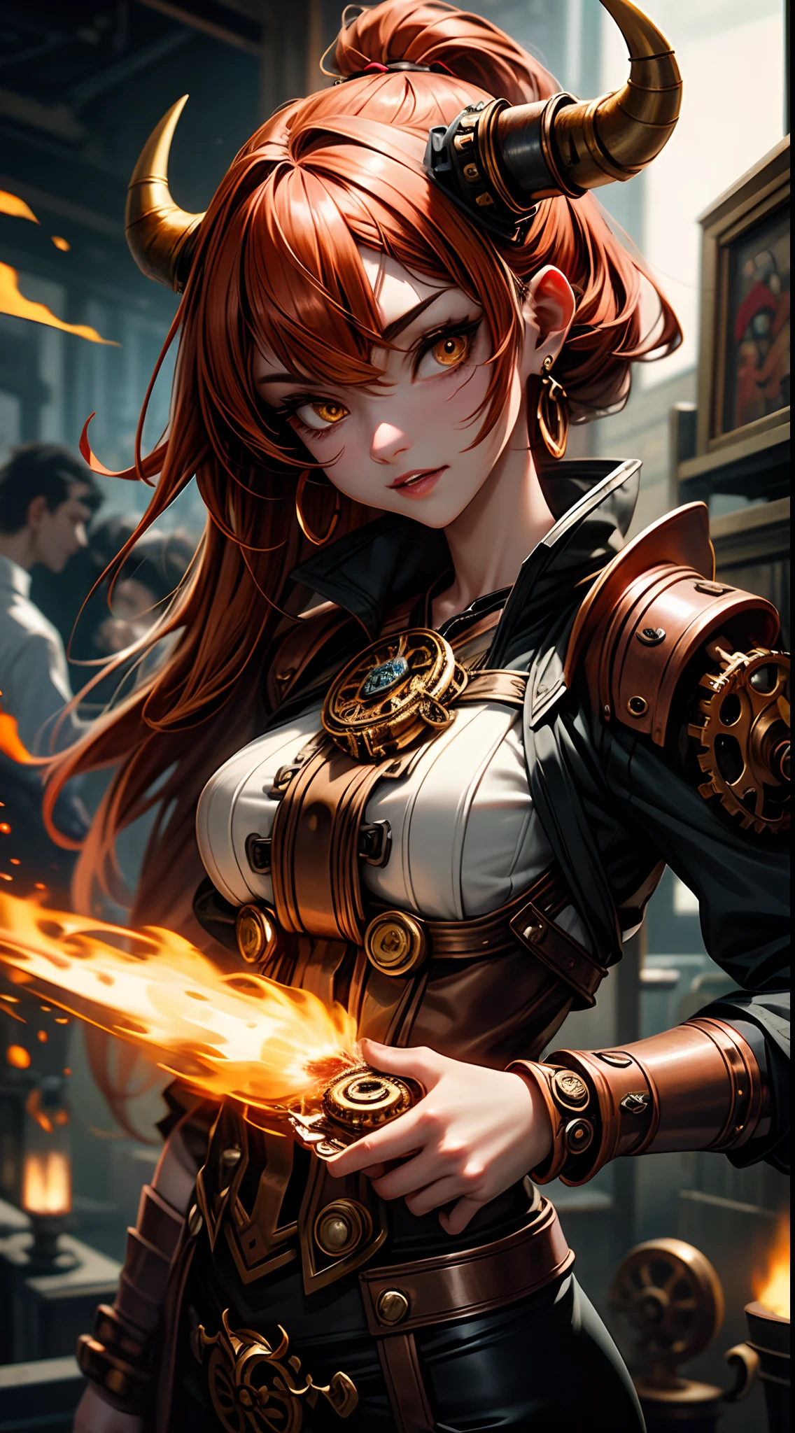 oni, demon girl, clockwork facial implants, cog-shaped horns, auburn hair, steampunk, brass ((copper skin)), industrial workshop, inventing contraptions, blending magic and machinery, detailed face, gearblade, steampunk ensemble, wholesome