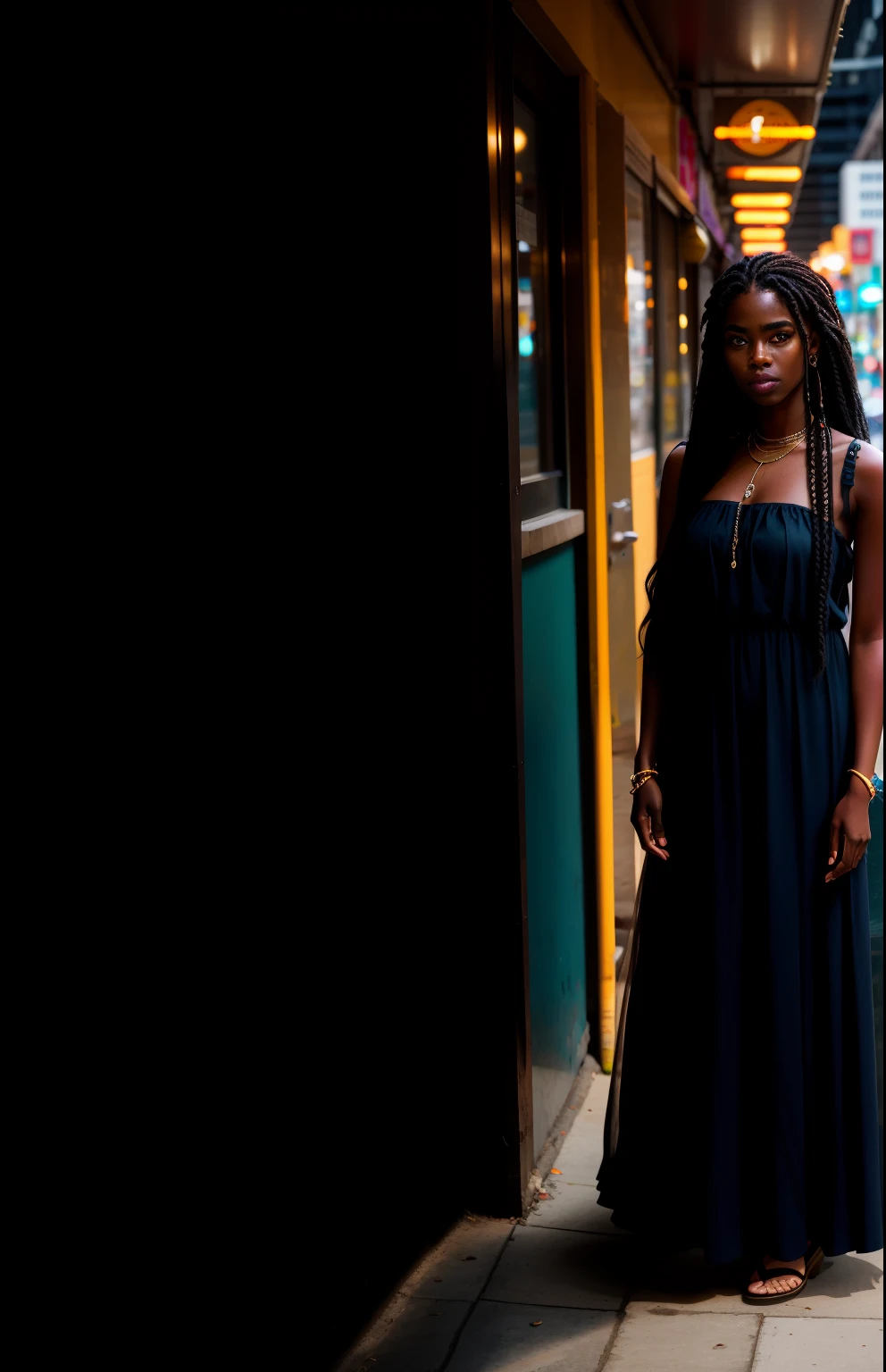 woman with VERY DARK SKIN wearing a dress, with long hair in front, looking at the camera. em uma cidade de dia em frete lojas .