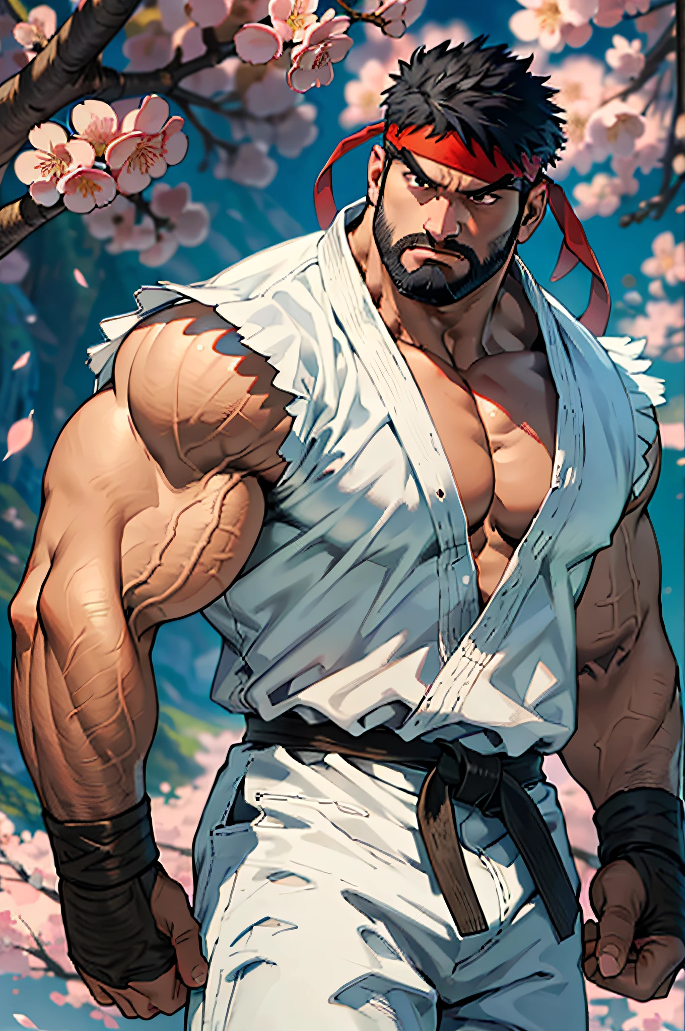 (masterpiece, best quality:1.2), cowboy shot, solo, male focus, 1boy, ryu \(sf\), middle age, serious, determined face, white skin, looking at viewer, black hair, black thick beard, detailed face tall, hunk, muscular, wide shoulder, big physique, wearing big white Dougi, new white Dougi shirt, white Dougi pant, red headband, fingerless gloves, blue aura, cherry blossom in the background, high detailed