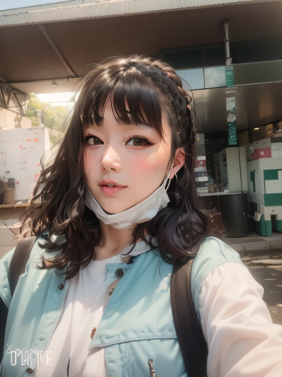 there is a woman with a face mask on posing for a picture, sakimichan, 8k selfie photograph, chiho, 奈良美智, ulzzang, 8k)), with short hair, clear cute face, 🤤 girl portrait, shikamimi, sakimi chan, selfie of a young woman, korean girl