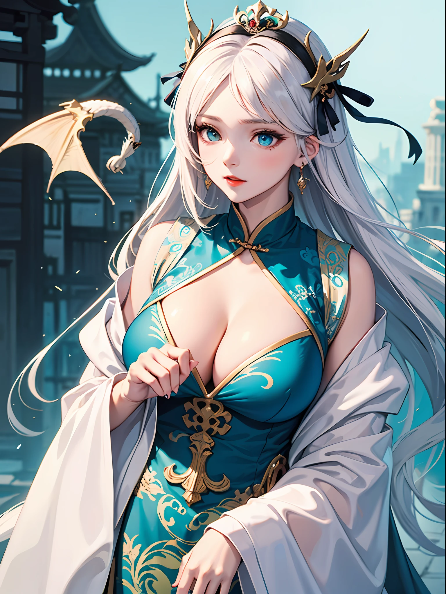highest quality,tmasterpiece,A masterpiece,extreme hight detail,Delicate portrayal of facial features,(Delicate hair portrayal),(Delicate eye portrayal),Long hair with white and red gradients,Delicate hairpins,(((White dragon horn))),((Luxurious tiara)),elaborate Hanfu,((Overlapping clothes)),Heavy clothes,((Intricate green patterns on clothes)),Delicate green dragon on clothes,Redlip,Danfeng Eyes,eyeslashes,((Blue Dragon Maiden)),4k画质,Gorgeous light and shadows,Dingdall effect,(long and flowing hair),((white hair ribbon)),Gorgeous scene,sideface,(Royal Sister),((Huge dragons)),((ancient buildings of China)),((A green dragon hovering in the sky)),((Cyan tattoo on the face)),((high and cold)),(((closeup of face)))