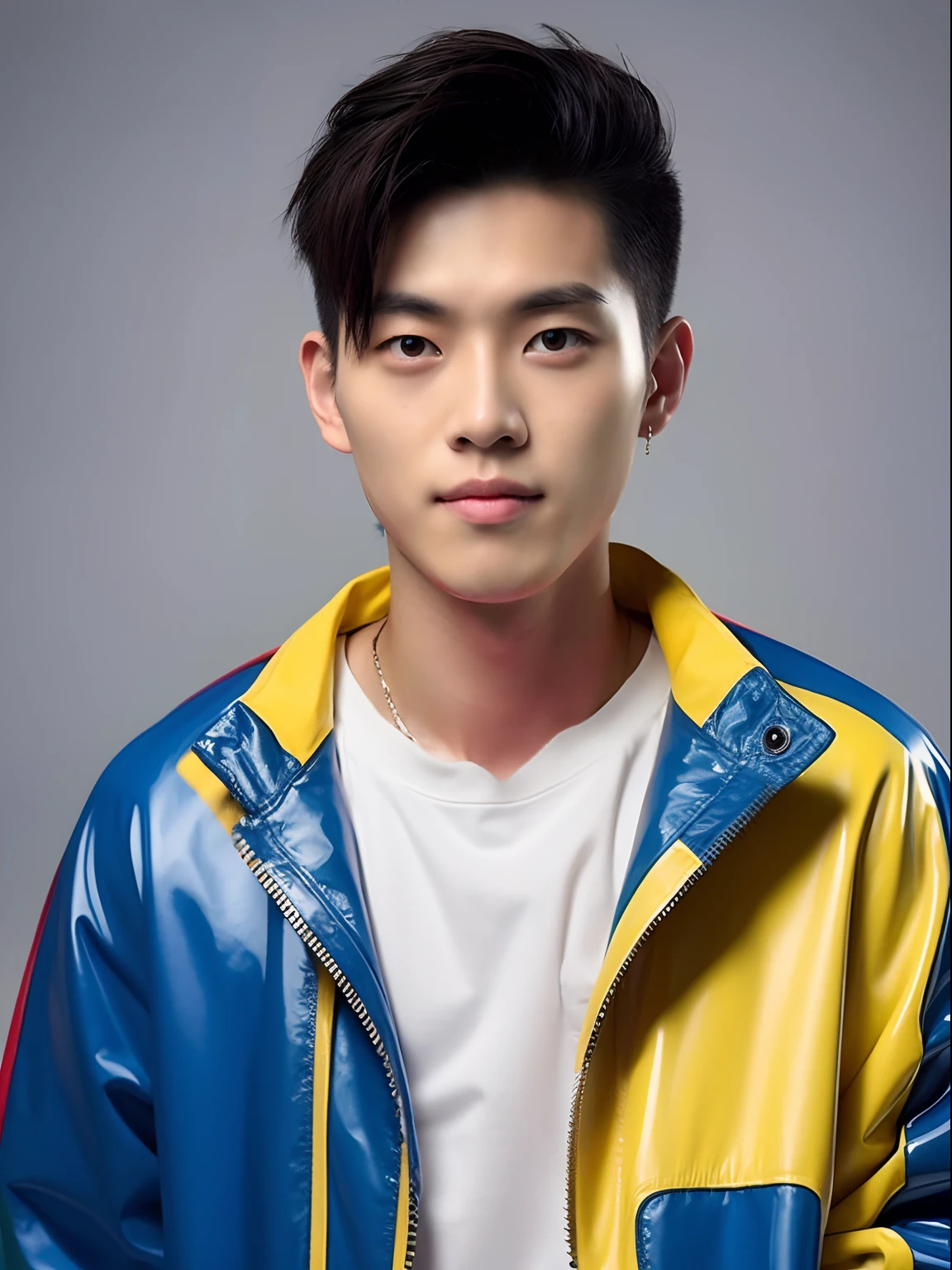 17-year-old male high school student,Wearing PVC yellow-blue tracksuits,Short hair,red brown,face expressionless