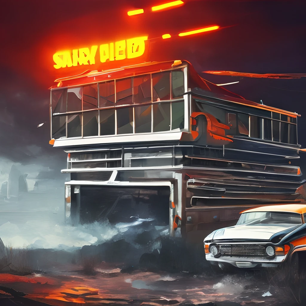 Painting, Post-apocalyptic Car, art station, sharp, highly detailed, cinematic lighting, Arnold Newman  Richard Scary --auto --s2