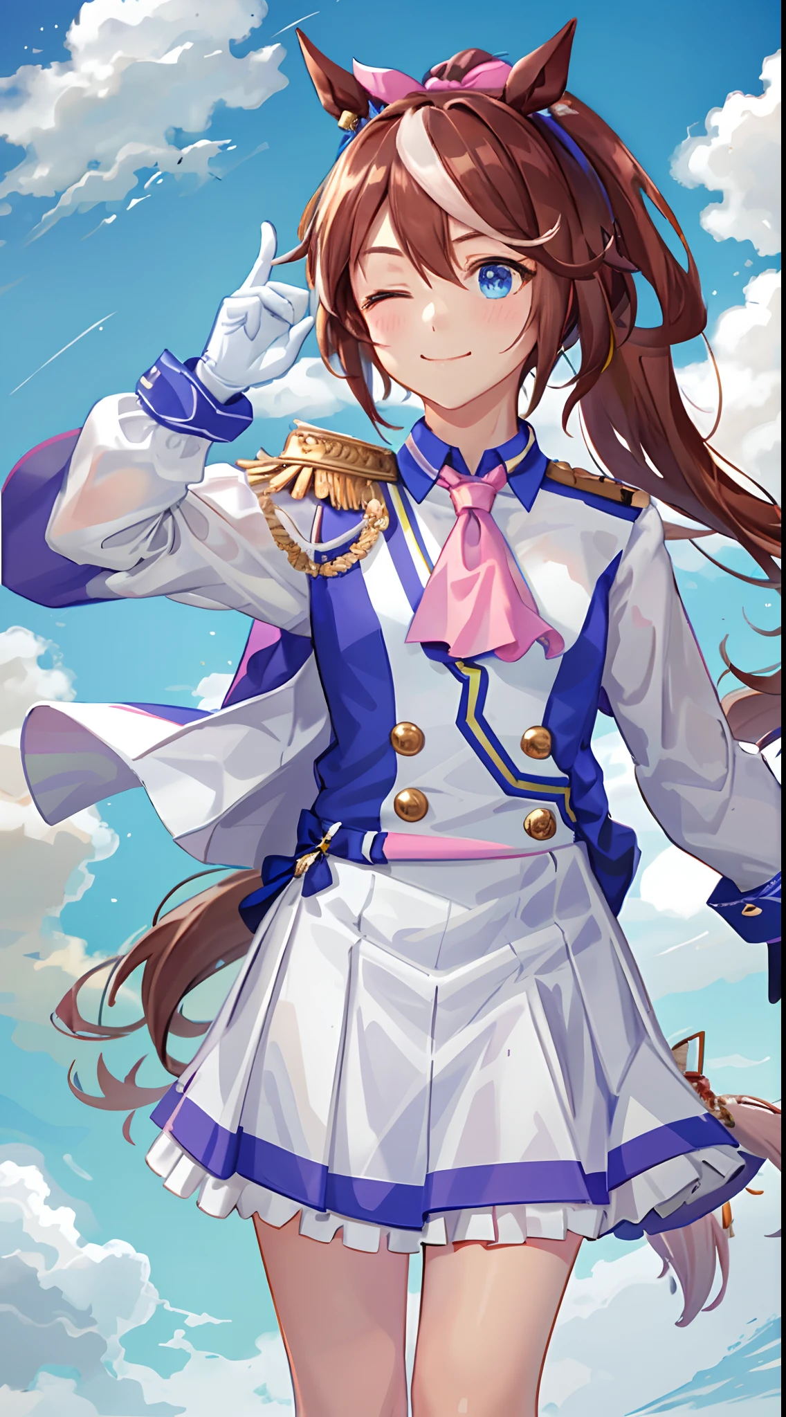 ((Masterpiece, Best quality)),1girll,Tokai Teio,Tokai Teio(Racing clothes),Horse Ears,Horse girl,Brown hair,Long hair,High ponytail,streaked_Hair,Multicolored_Hair,Blue eyes,epaulette,Pink_ascot,Skirt,Long_Sleeves,asymmetrical gloves,White_Jacket,Hair_ribbon,Multicolored_clothes,White_Footwear,knee_Boots ,cheerfulness,One eye closed, pointing at viewer, Outdoors,