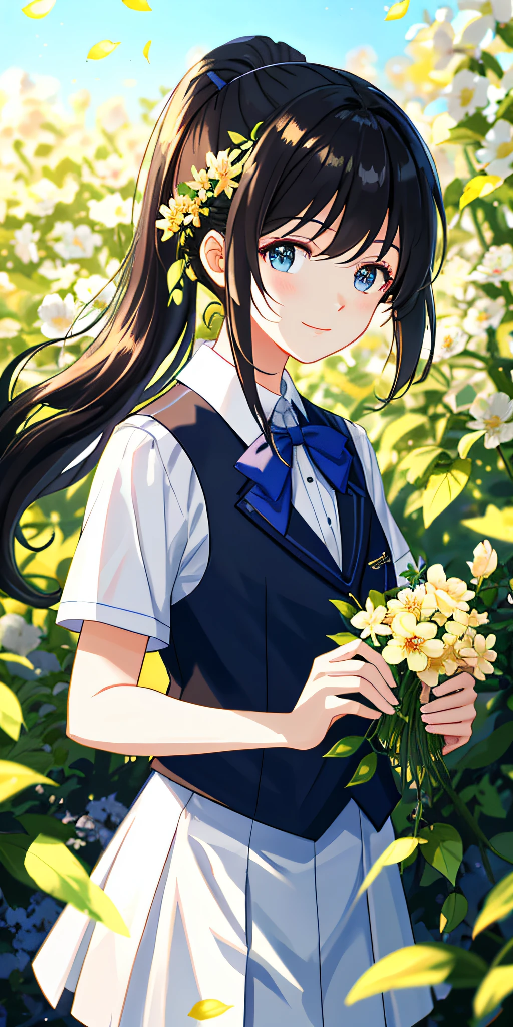 tmasterpiece,best qualtiy,(Very detailed CG unity 8k wallpaper)(best qualtiy),(Most Best Illustration),(best shadow) The delicate leaves of nature, petals of various colors fall in the air, light tracking,Super detailed high school girls,Wear a school uniform,black color hair,High ponytail,adolable,Sunny and cheerful --v6