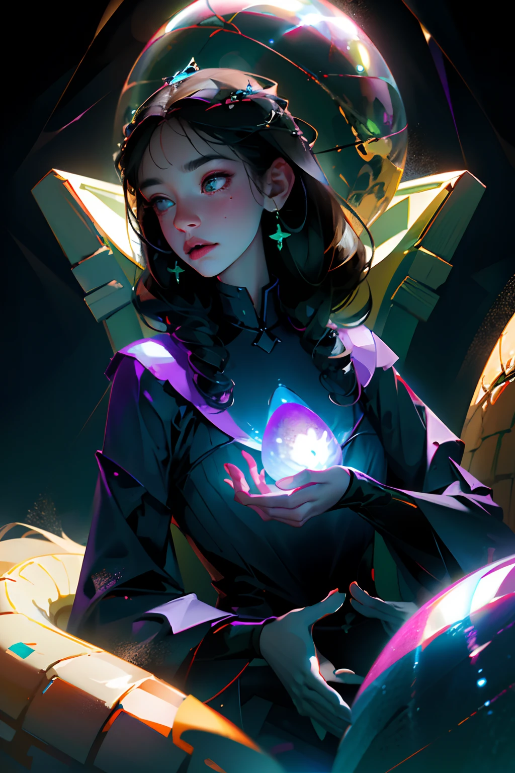(8k, RAW photo, best quality, masterpiece: 1.2), (realistic, photorealistic: 1.37), ((best quality)), ultra high resolution, extremely detailed 8k CG wallpaper, physics-based rendering, cinematic lighting, full body, (bokeh: 1.4), (((1girl))), (oval face), closed face, girl sitting on a throne, holding a dragon egg in hands, dark aura, black-haired girl, Black eyes, silver light, violet background lights.