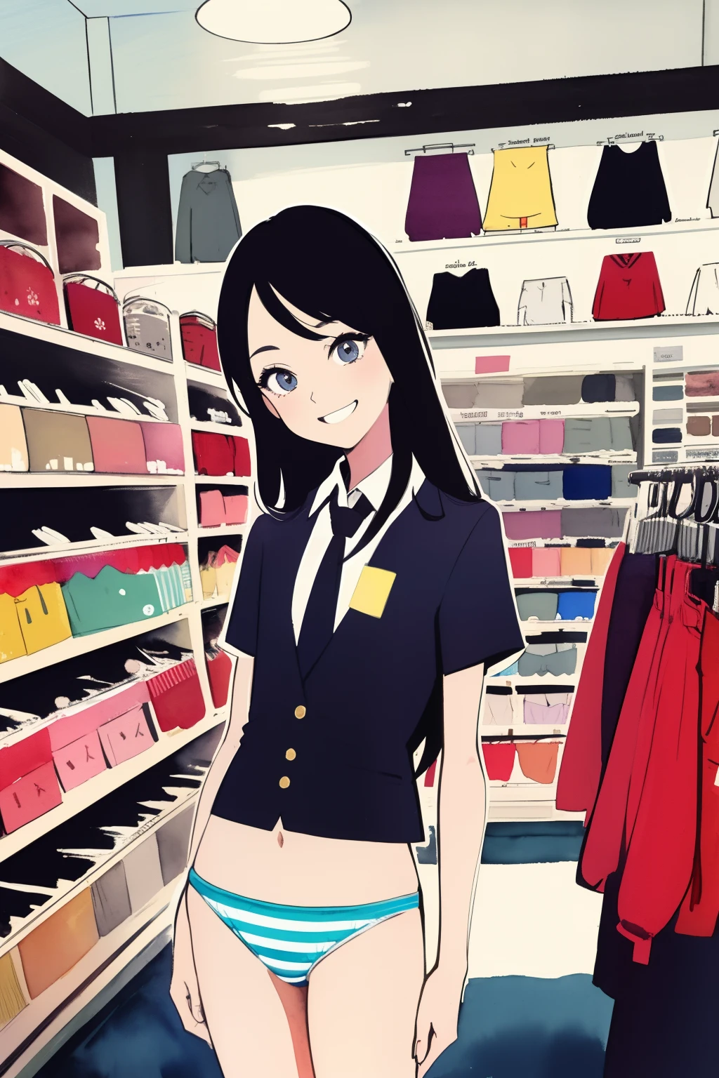 (masterpiece, high quality), 1girl, ***ite, flat chest, white school shirt, tie, (striped panties), long hair, in a clothing store, (choosing clothes), smile, vibrant colors, best shadows, volumetric lighting, watercolor