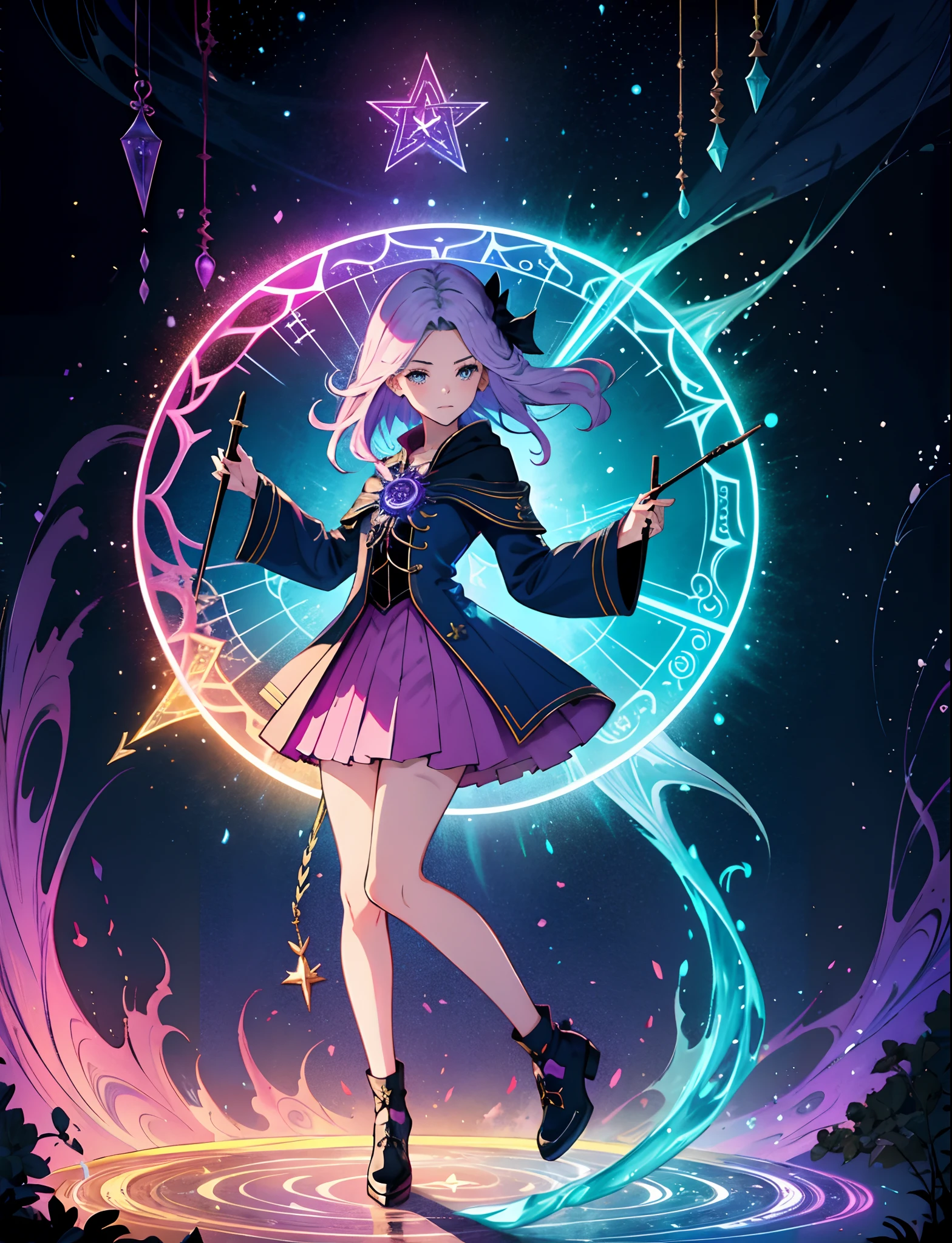 ((illustratio)),teens girl,rich colourful,Wallpapers,Arcane,Surrounding magic,Magic surrounds,wands,book,Pages flying in the sky,Know it all,Predicting the Future,Learn about the past,Infinite wisdom,blue flame,Warlock,Magical Circle,pentacle,incantation,incantation,Singing magic,