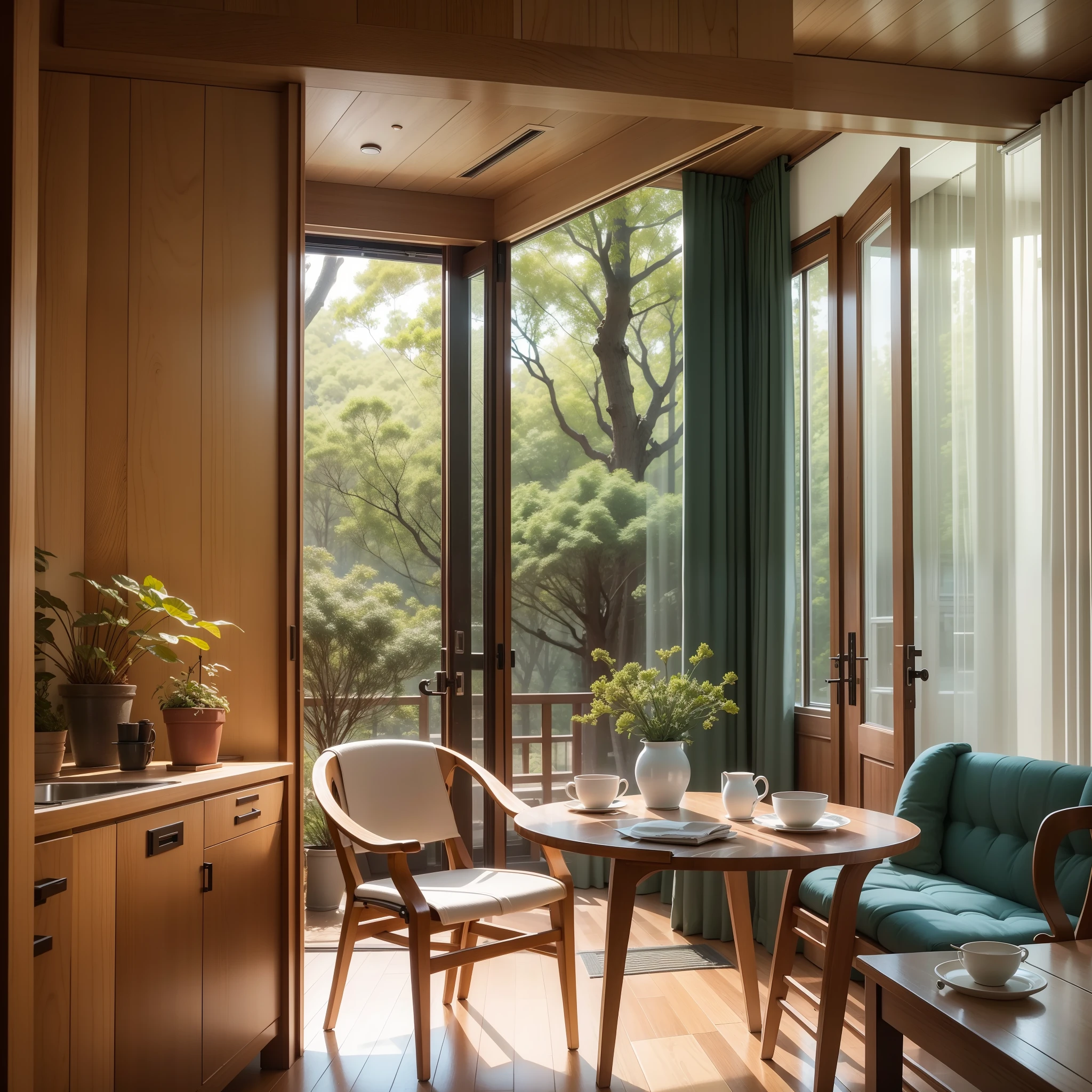 interior design、Insanely detailed wide-angle architectural photo、Cozy contemporary living room、(Bright and warm sunlight 1:0.1)、Award-winning contemporary interior design、landscapes、The table、a chair、in a house、Wooden flooring、window、resturant、east asian east asian architecture、sliding paper doors、abajour、architectural、the woods、naturey、cups、a plant、interior design、Insert lighting and shadows、depth of fields、low illuminance