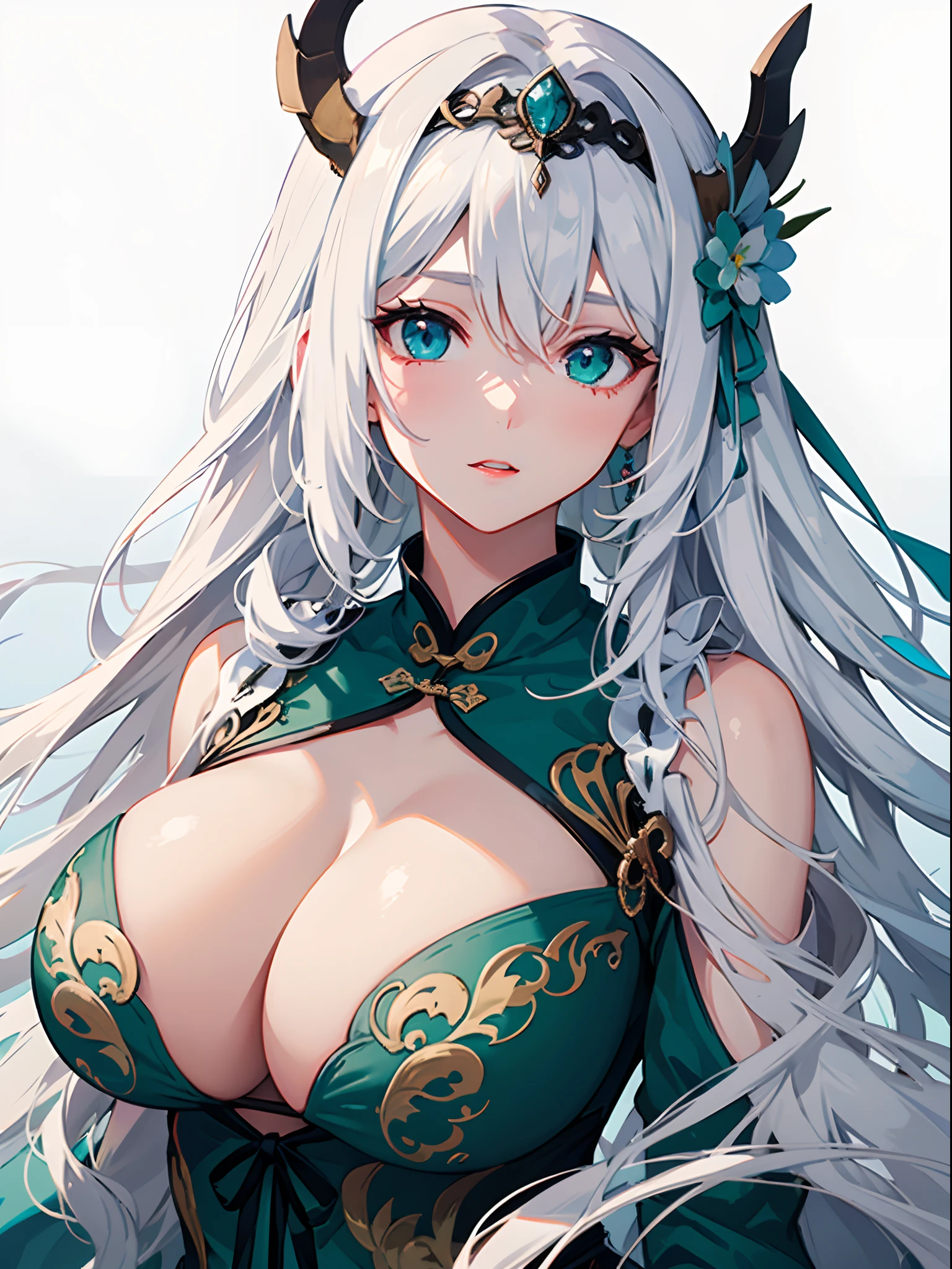 highest  quality，tmasterpiece，A masterpiece，extreme hight detail，Delicate portrayal of facial features，（Delicate hair portrayal），（Delicate eye portrayal），Long hair with a white and red gradient，Delicate hairpins，（（（White dragon horn））），（（Luxurious tiara）），elaborate Hanfu，（（Overlapping clothes）），Heavy clothes，（（Intricate green patterns on clothes）），Delicate green dragon on clothes，Redlip，Danfeng Eyes，eyeslashes，（（Blue Dragon Maiden）），4k画质，Gorgeous light and shadows，Dingdall effect，（long and flowing hair），（（white hair ribbon）），Gorgeous scene，sideface，（Royal Sister），（（Huge dragons）），（（ancient buildings of China）），（（A green dragon hovering in the sky）），（（Cyan tattoo on the face）），（（high and cold）），（（（closeup of face）））