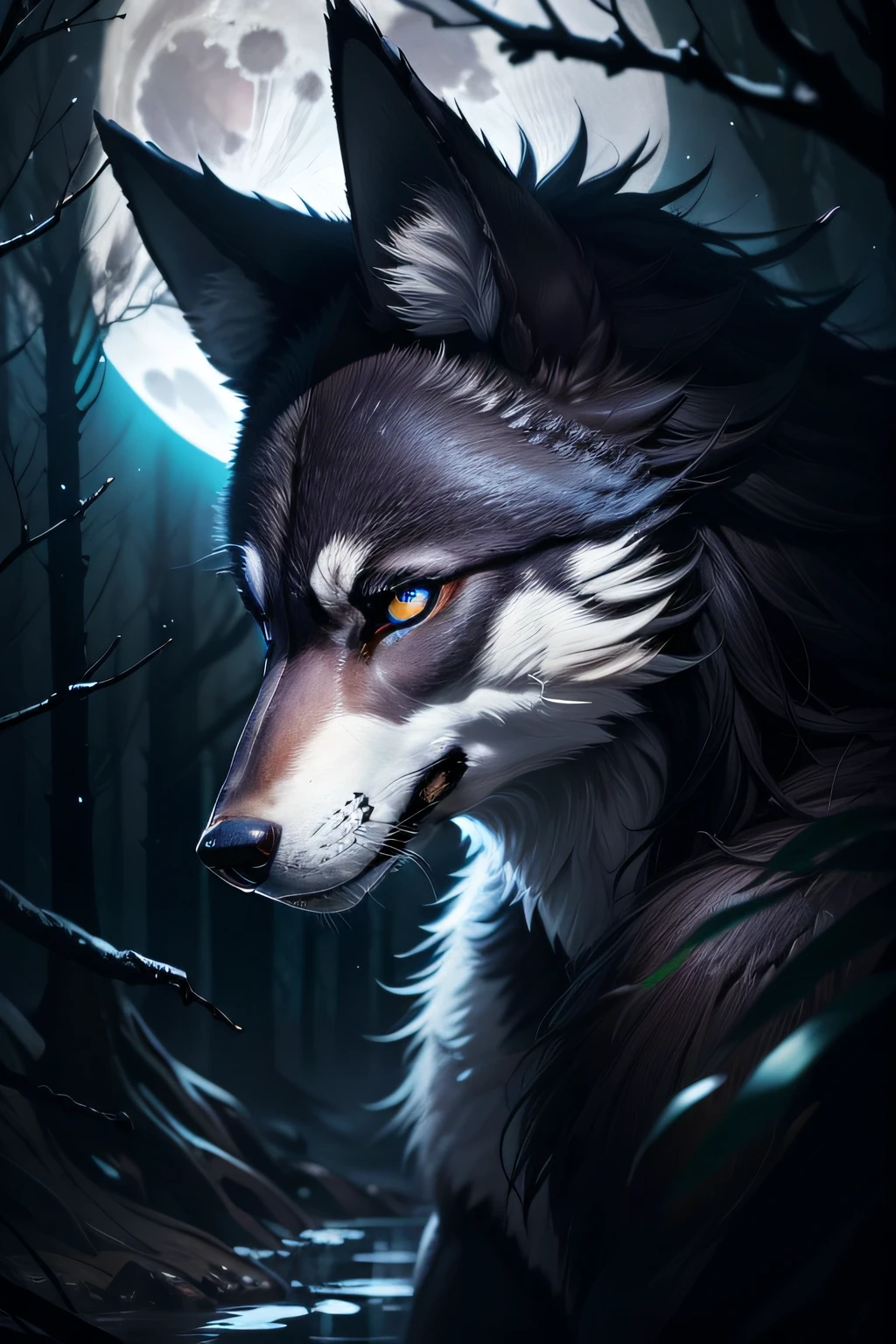 (Masterpiece detailed high quality)"Black Blue Eyes" Wolf Dangerous Forest,midynight,moon full。1 solo lobe。(Front angle of image)Black wolf-like creature